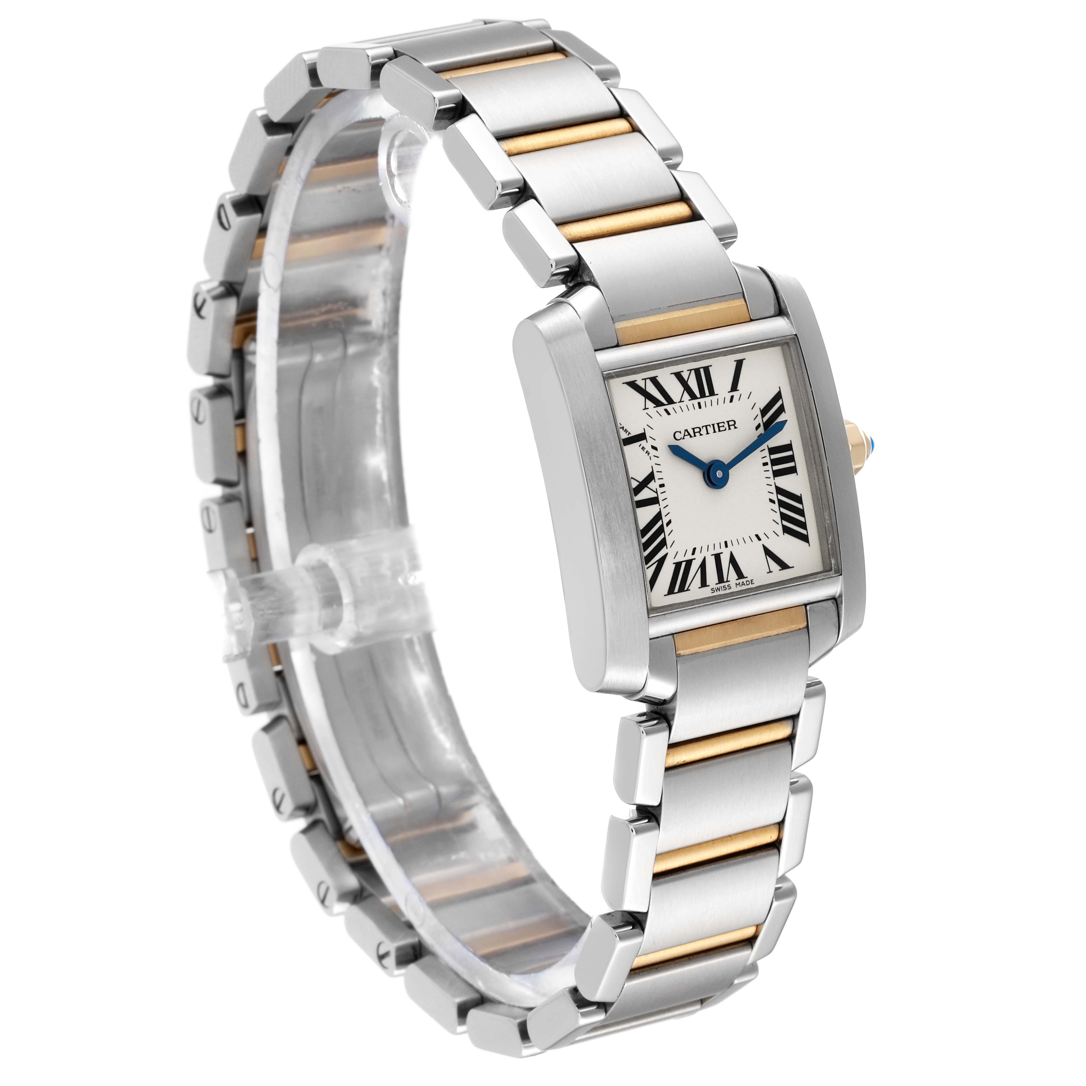 The Cartier Tank Francaise W51007Q4 Women
s Steel and Gold (two tone) Silver Dial W51007Q4 Women
s Steel and Gold (two tone) Silver Dial watch is shown at a slight angle, displaying the face, bracelet, and part of the crown.