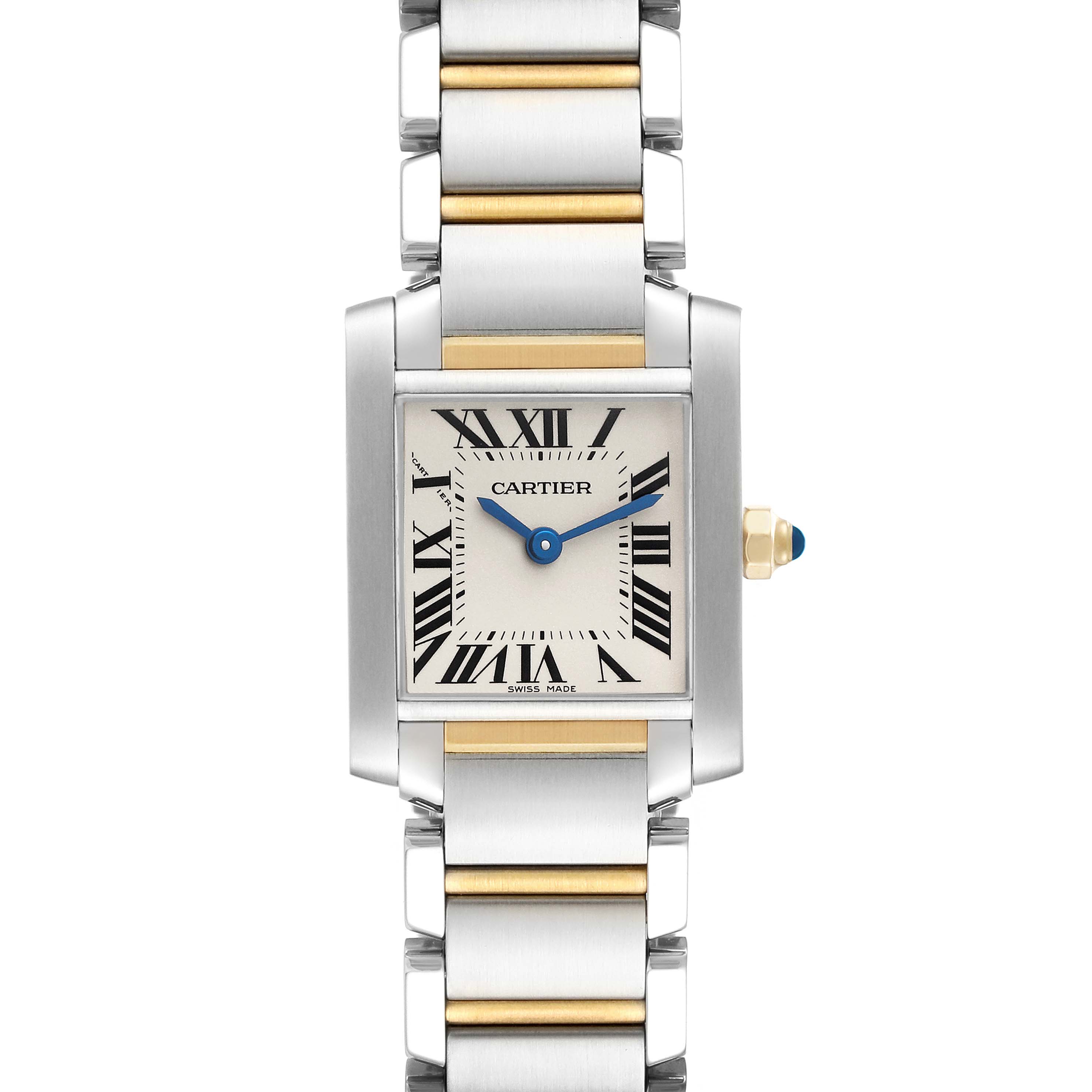 The Cartier Tank Francaise W51007Q4 Women
s Steel and Gold (two tone) Silver Dial W51007Q4 Women
s Steel and Gold (two tone) Silver Dial watch is shown from the front, displaying its rectangular face, Roman numerals, and metal bracelet.
