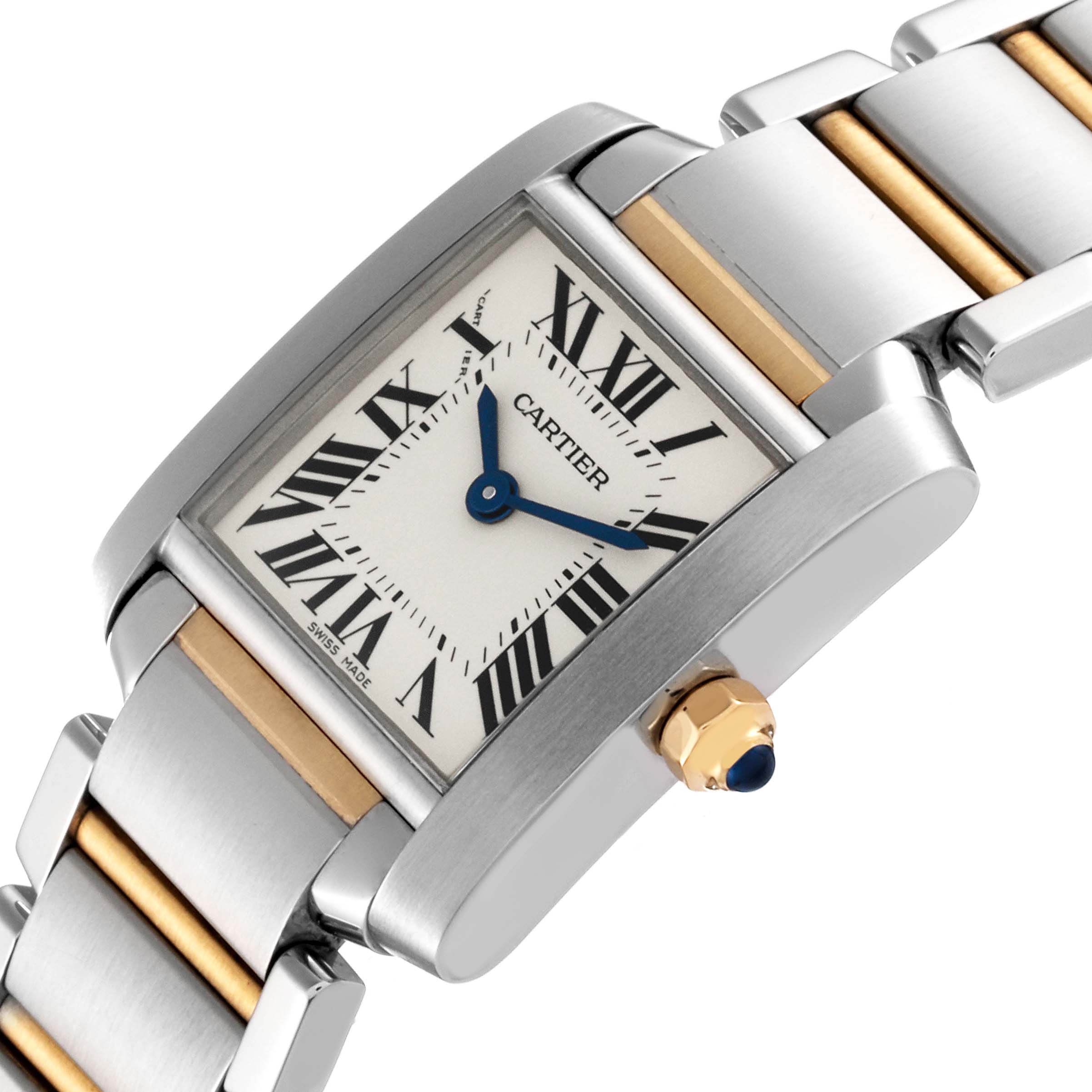 This angled view of the Cartier Tank Francaise W51007Q4 Women
s Steel and Gold (two tone) Silver Dial W51007Q4 Women
s Steel and Gold (two tone) Silver Dial watch shows the face, bezel, crown, and part of the bracelet.
