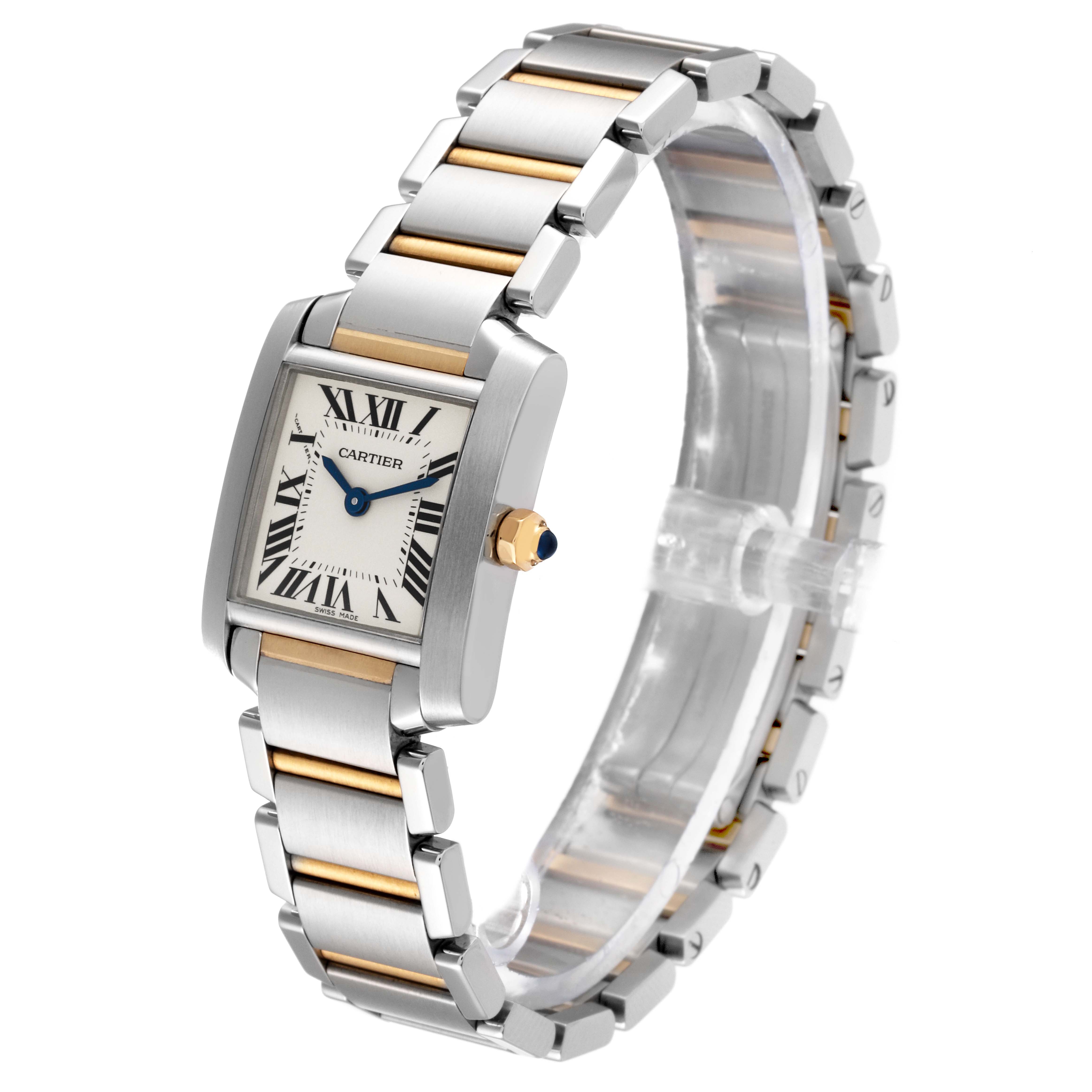 The Cartier Tank Francaise W51007Q4 Women
s Steel and Gold (two tone) Silver Dial W51007Q4 Women
s Steel and Gold (two tone) Silver Dial watch is shown at a slight angle, displaying the face, case, crown, and metal bracelet.