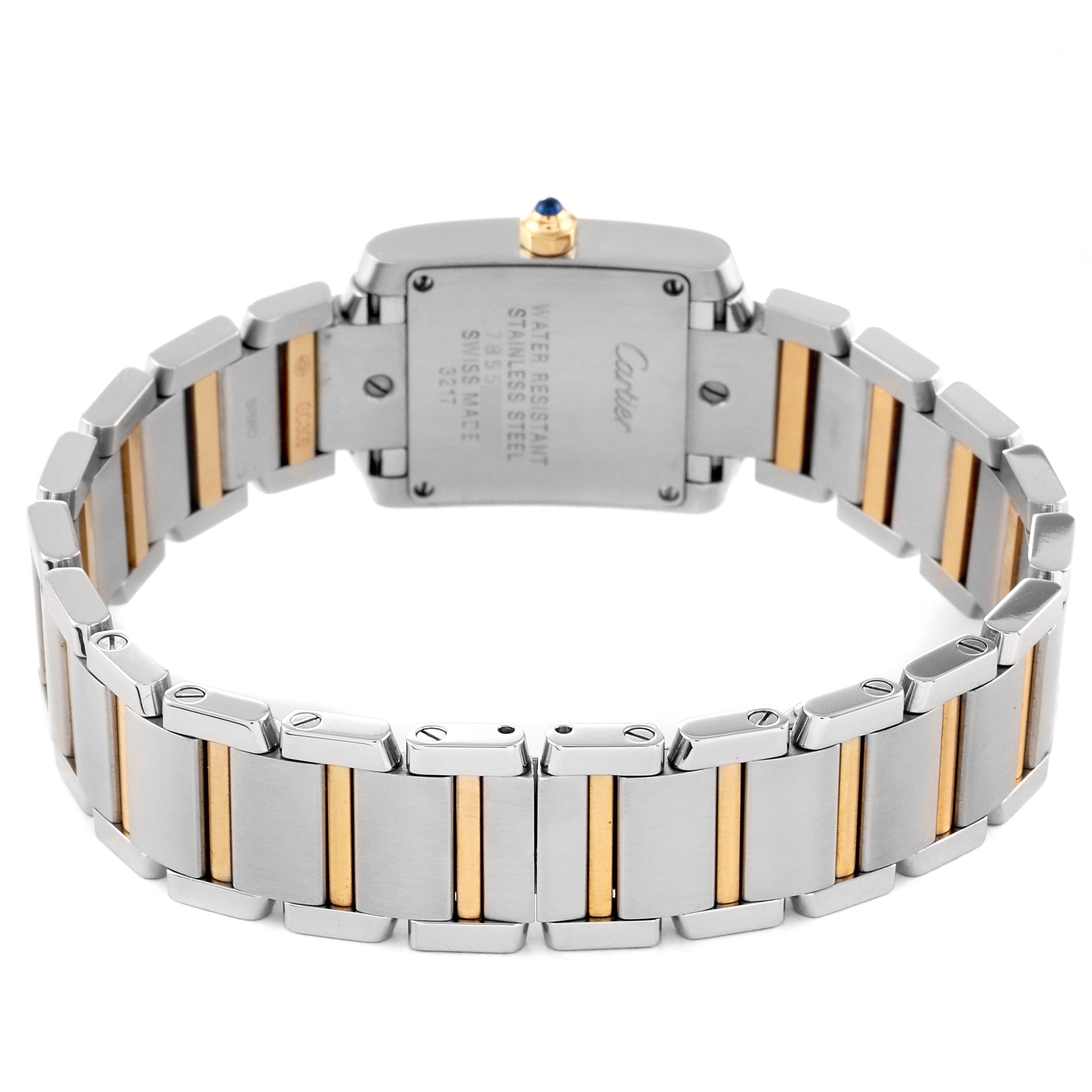 The image shows the rear view of the Cartier Tank Francaise W51007Q4 Women
s Steel and Gold (two tone) Silver Dial W51007Q4 Women
s Steel and Gold (two tone) Silver Dial watch, highlighting the stainless steel and gold bracelet and the case back.