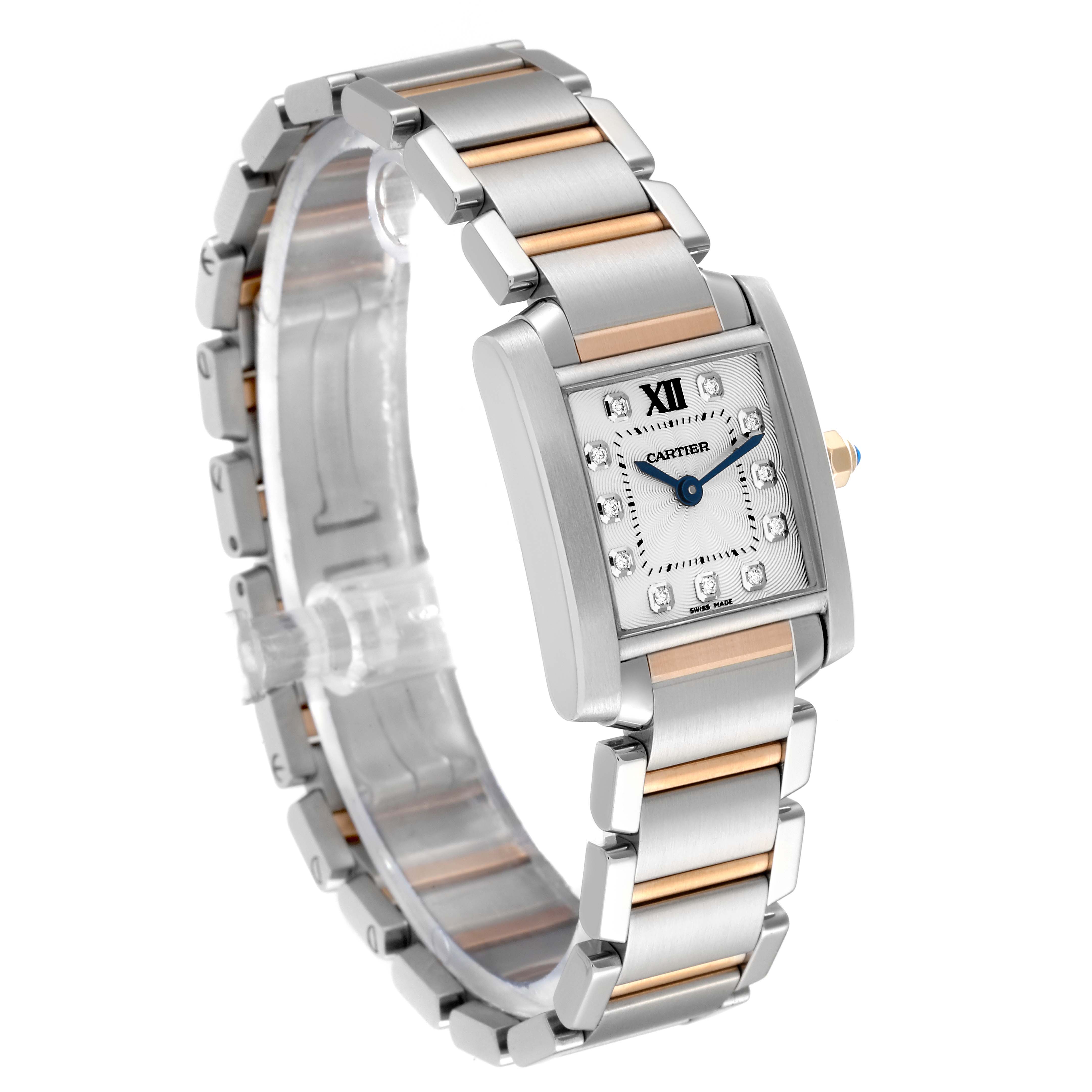 This Cartier Tank Francaise WE110004 Women's Steel and Gold (two tone) Silver Dial WE110004 Women's Steel and Gold (two tone) Silver Dial watch is shown at a slight angle, displaying its metal bracelet, case, and dial with blue hands.