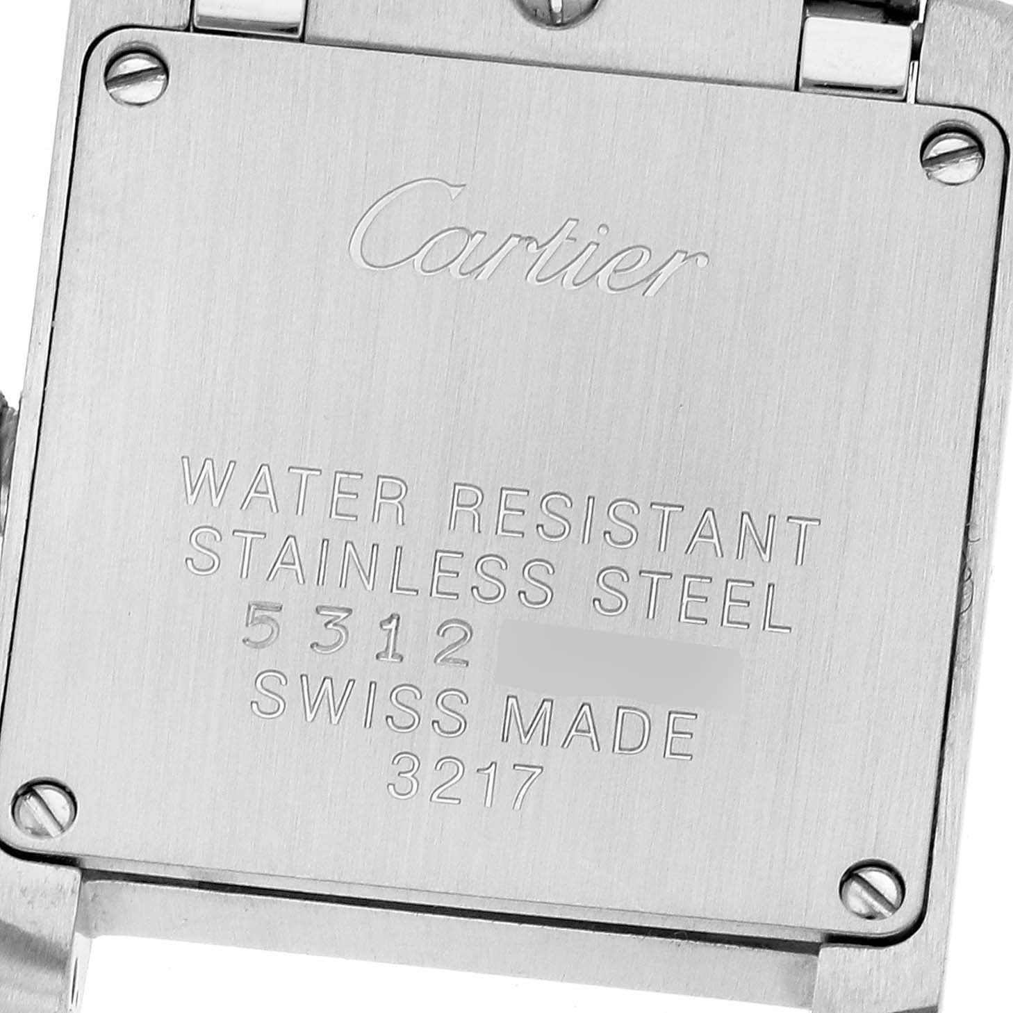 The image shows the case back of a Cartier Tank Francaise WE110004 Women's Steel and Gold (two tone) Silver Dial WE110004 Women's Steel and Gold (two tone) Silver Dial watch, highlighting its water resistance and stainless steel material.