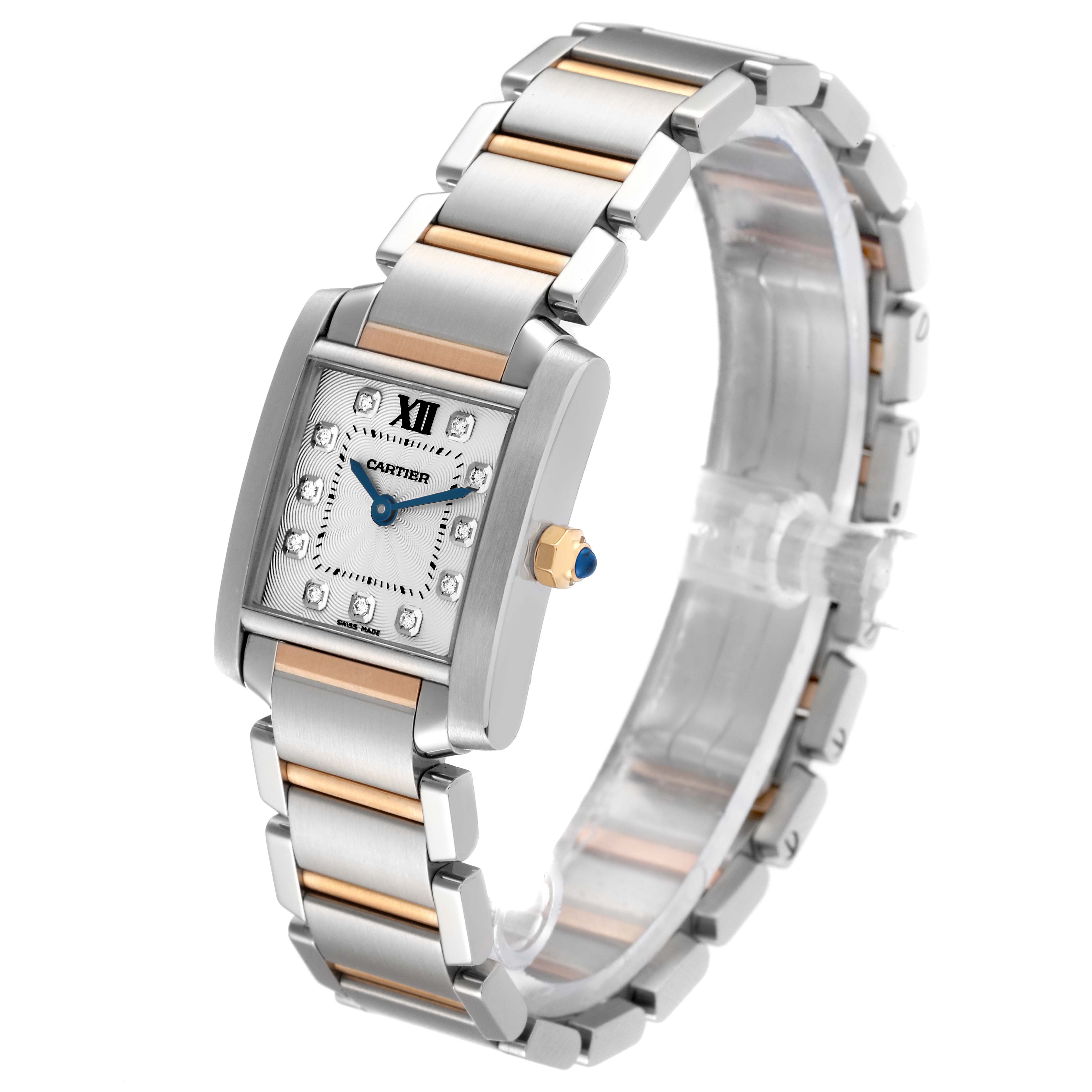 The Cartier Tank Francaise WE110004 Women's Steel and Gold (two tone) Silver Dial WE110004 Women's Steel and Gold (two tone) Silver Dial watch is shown at a three-quarter angle, showcasing the face, bezel, bracelet, and crown.