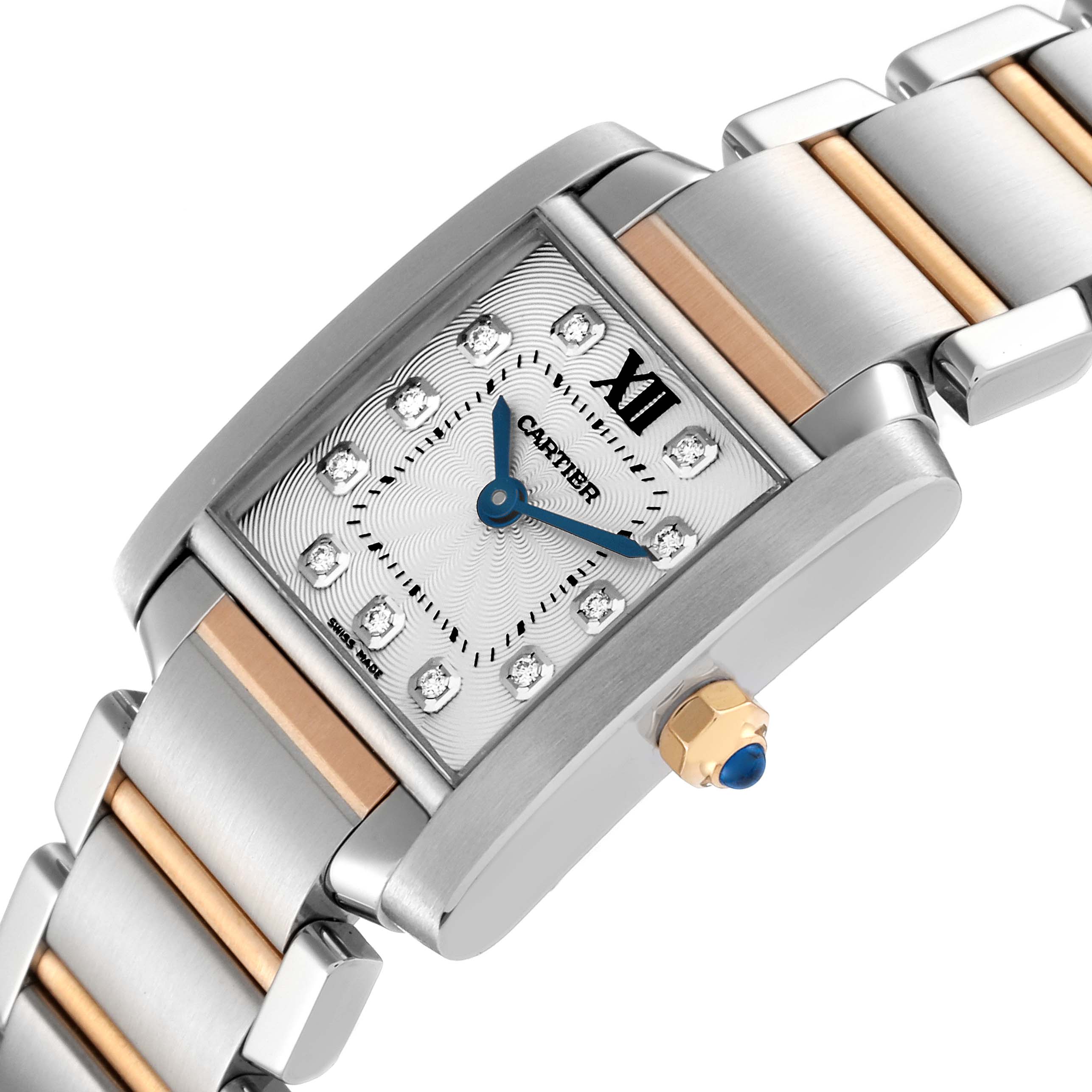 The image shows a diagonal close-up of the Cartier Tank Francaise WE110004 Women's Steel and Gold (two tone) Silver Dial WE110004 Women's Steel and Gold (two tone) Silver Dial watch, highlighting its face, crown, and metal bracelet.