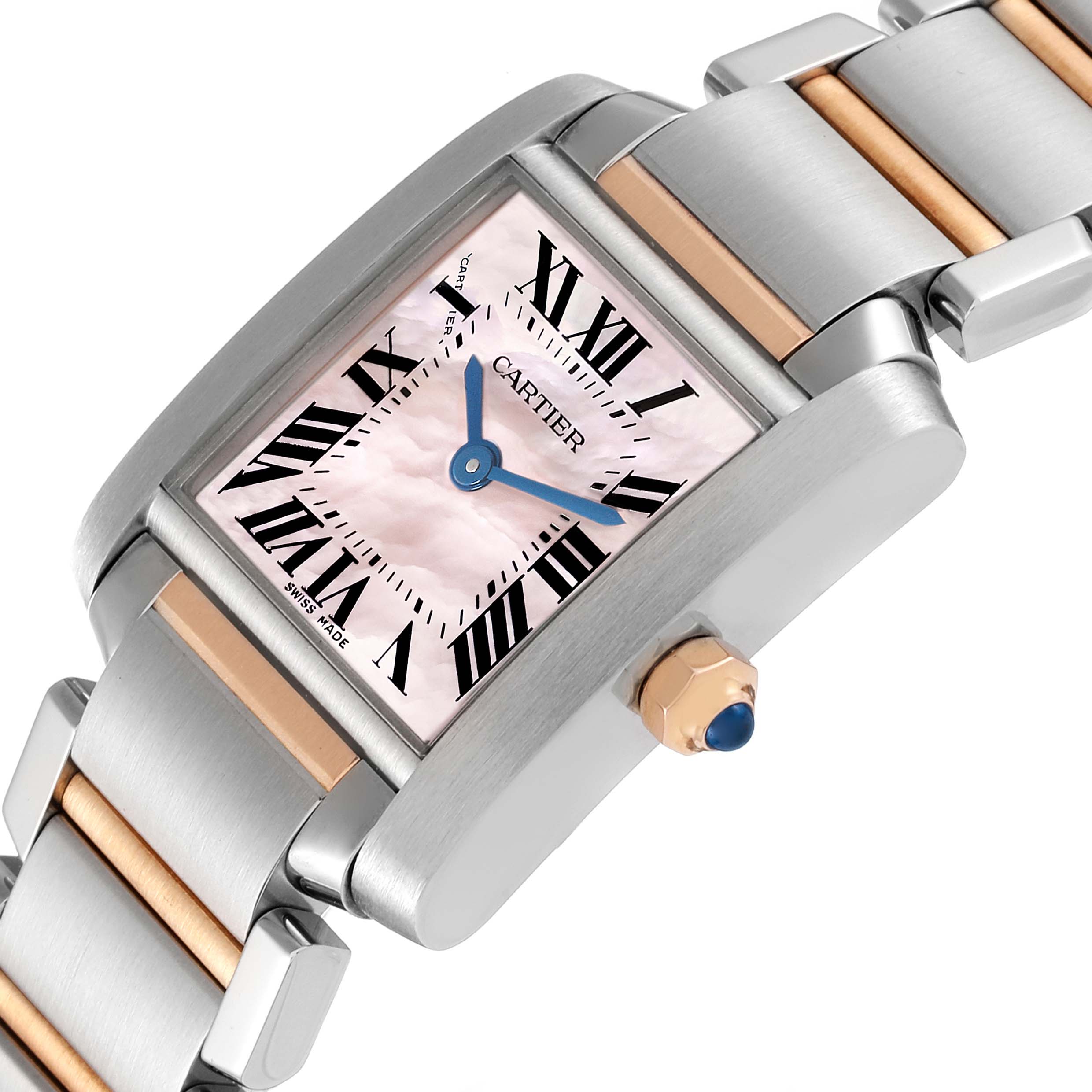 The image shows a close-up of the Cartier Tank Francaise W51027Q4 Women's Steel and Gold (two tone) Mother of Pearl Dial W51027Q4 Women's Steel and Gold (two tone) Mother of Pearl Dial watch at an angled view, highlighting its face and part of the bracelet.