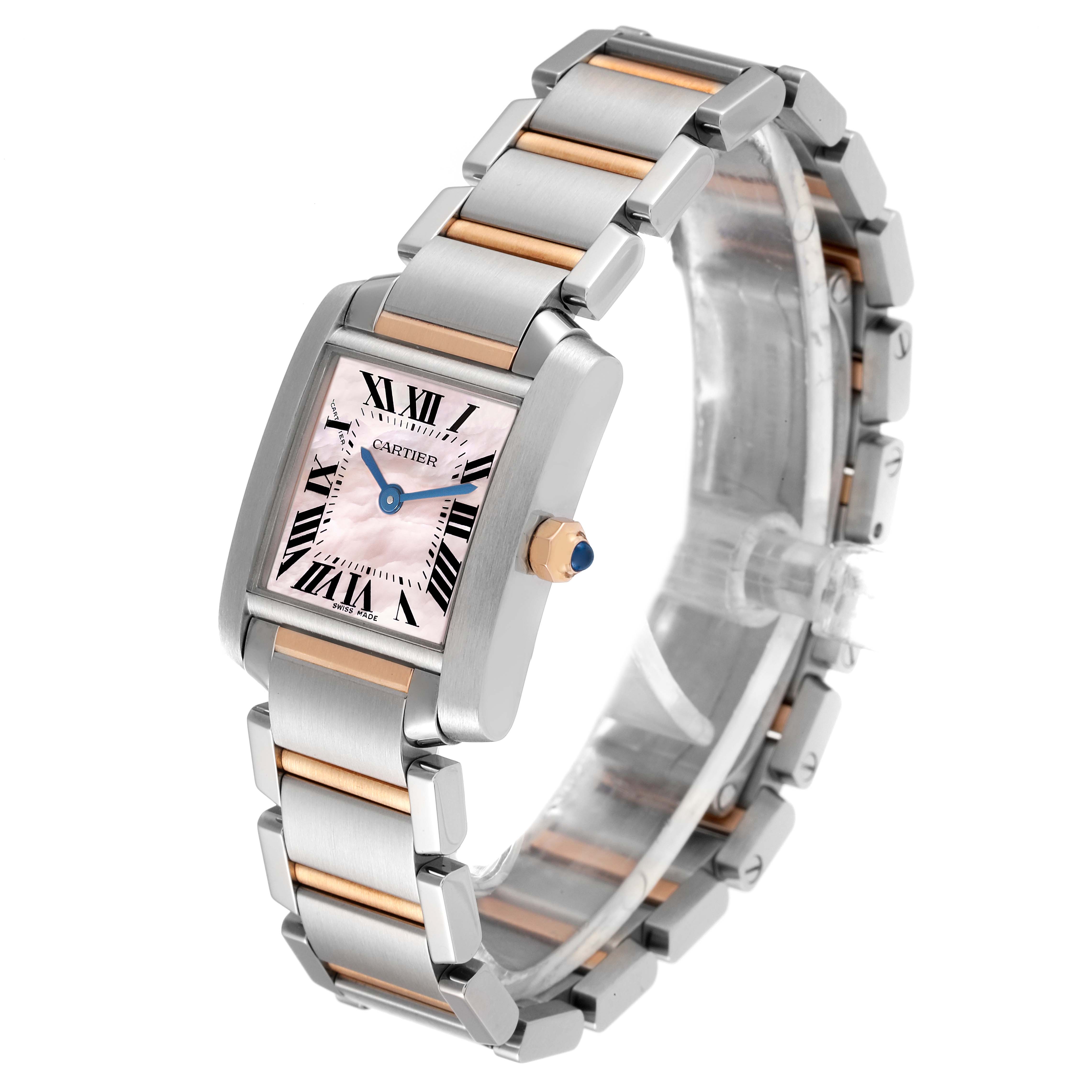 The Cartier Tank Francaise W51027Q4 Women's Steel and Gold (two tone) Mother of Pearl Dial W51027Q4 Women's Steel and Gold (two tone) Mother of Pearl Dial watch is shown at a slight angle with a detailed view of the face and bracelet.