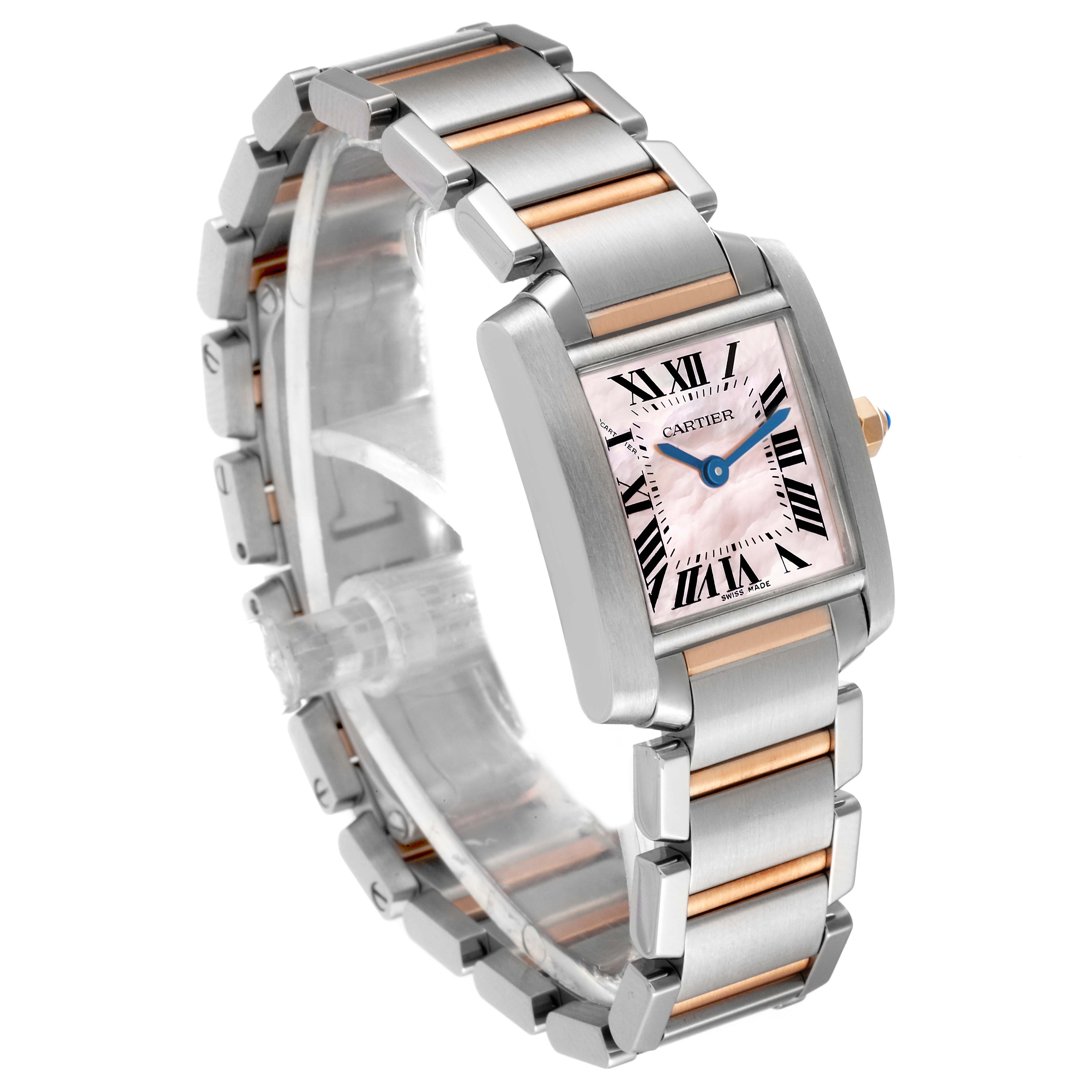 The image shows a Cartier Tank Française watch from an angled view, highlighting its face, bracelet, and clasp.