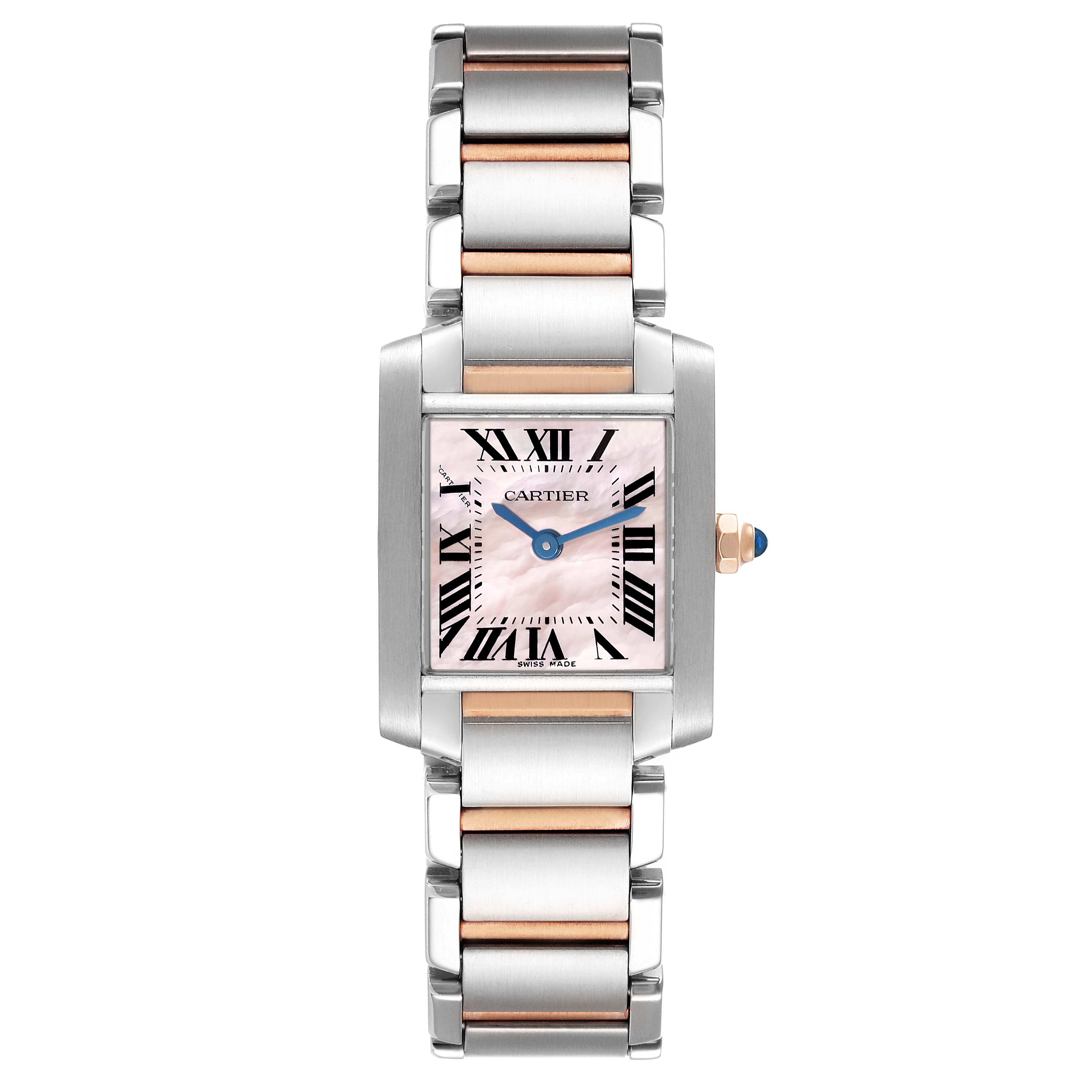 This image shows a front view of the Cartier Tank Francaise W51027Q4 Women's Steel and Gold (two tone) Mother of Pearl Dial W51027Q4 Women's Steel and Gold (two tone) Mother of Pearl Dial watch showcasing its dial and bracelet.