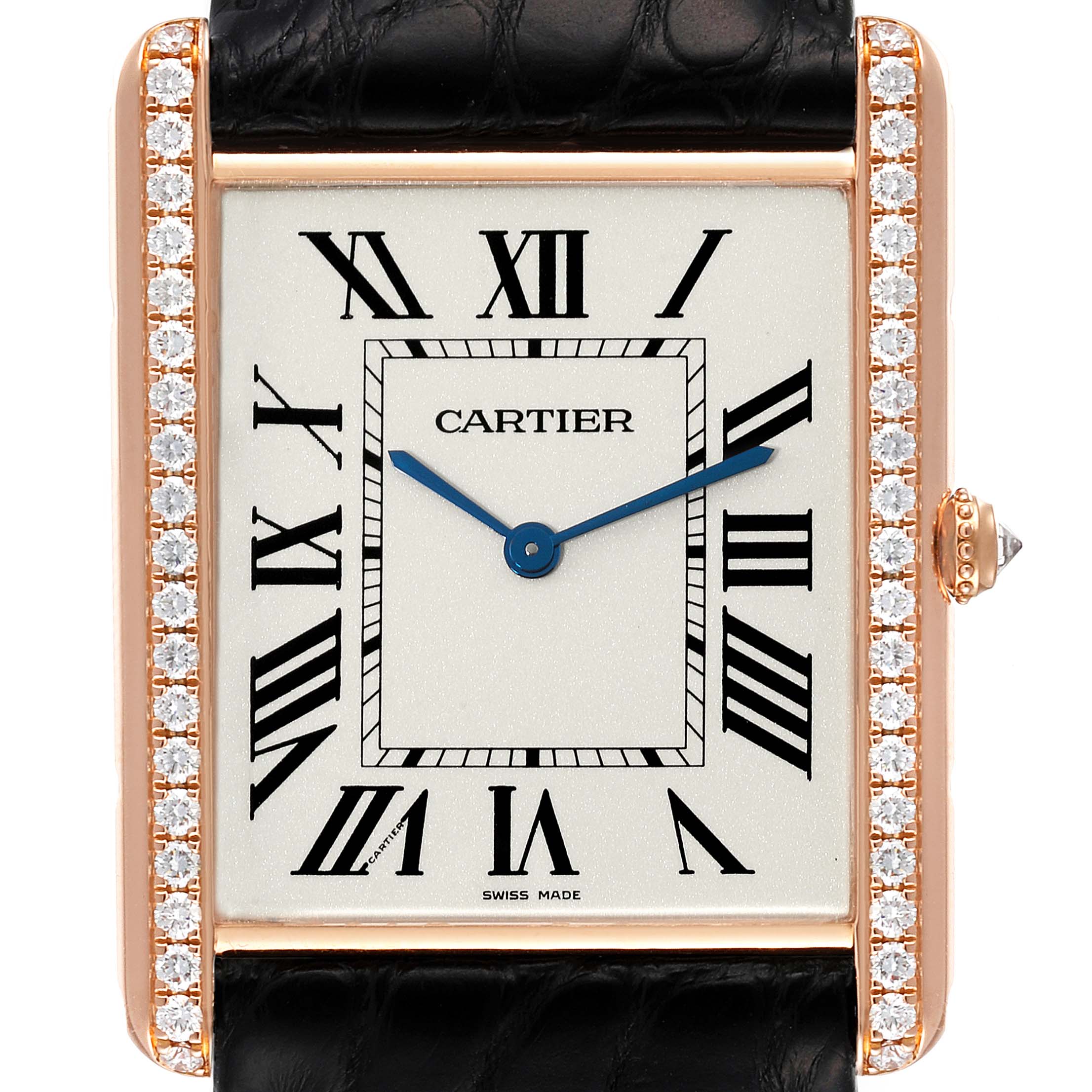 The image shows a straight-on view of the Cartier Tank Louis WT200005 Men's Rose Gold Silver Dial WT200005 Men's Rose Gold Silver Dial watch, highlighting the dial, bezel, strap, and crown.