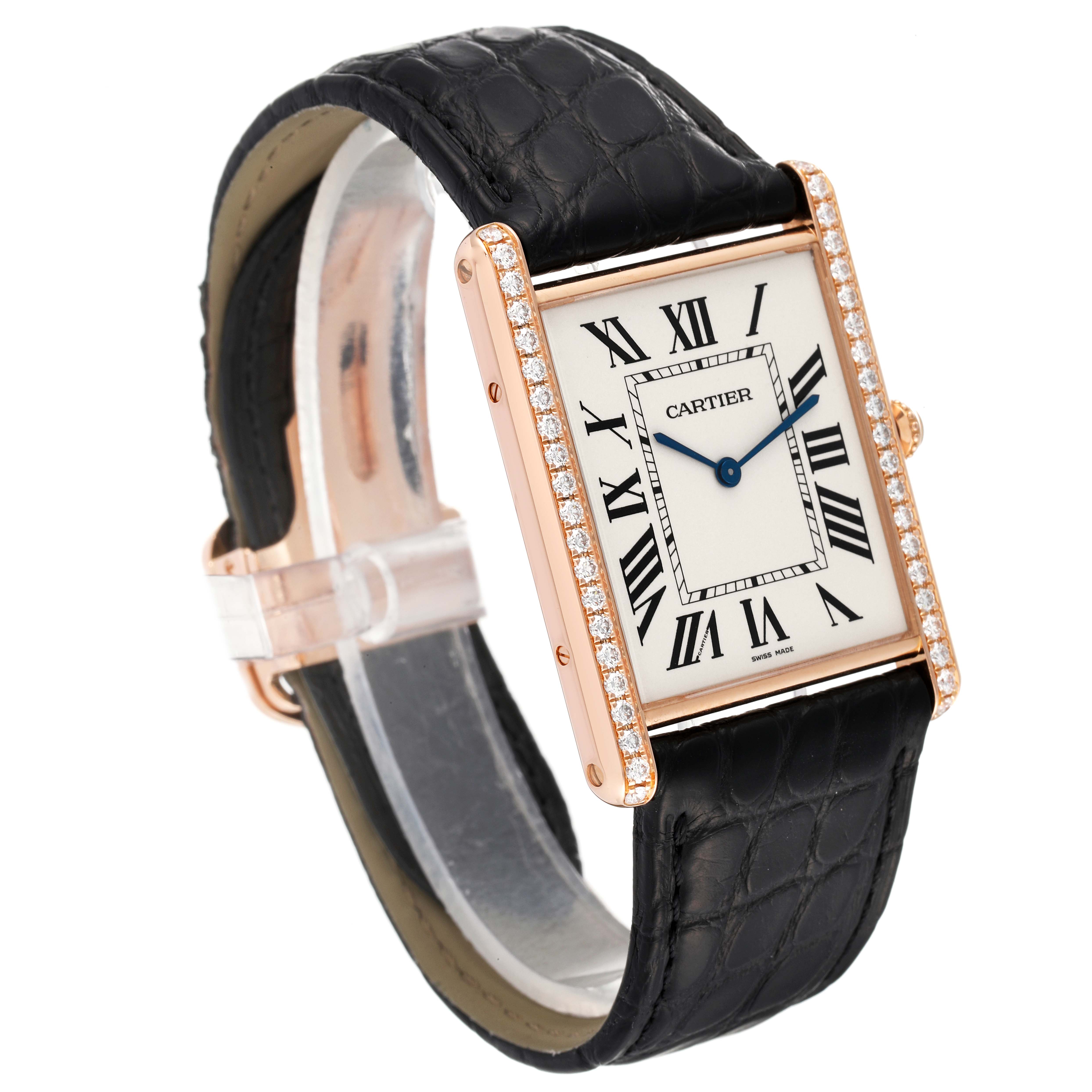 The image shows a Cartier Tank Louis WT200005 Men's Rose Gold Silver Dial WT200005 Men's Rose Gold Silver Dial watch at a slight angle, highlighting its rectangular face, Roman numerals, and leather strap.