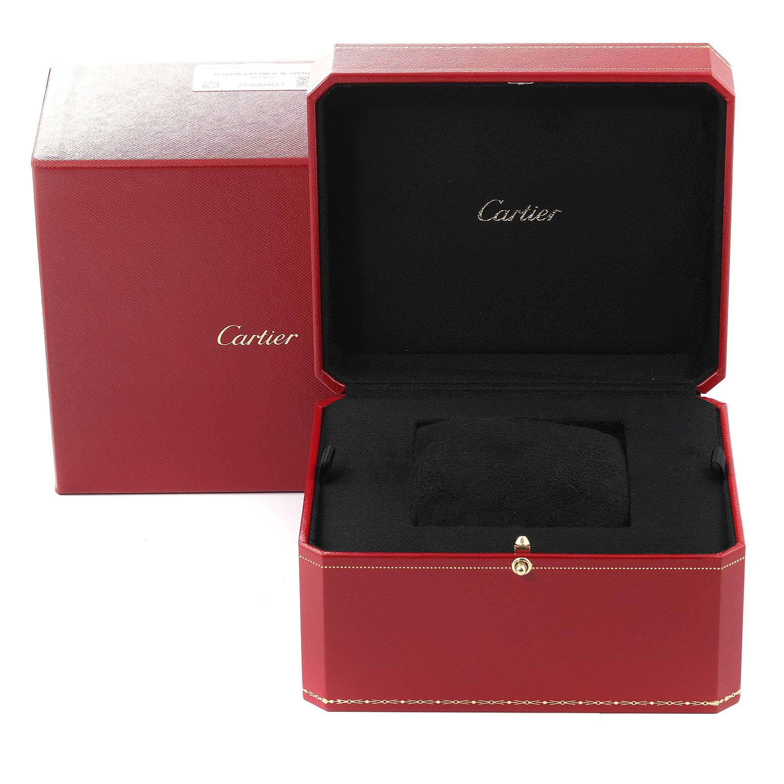 The image shows the open red box and packaging for a Cartier Tank Louis WT200005 Men's Rose Gold Silver Dial WT200005 Men's Rose Gold Silver Dial watch, both with the "Cartier" logo.