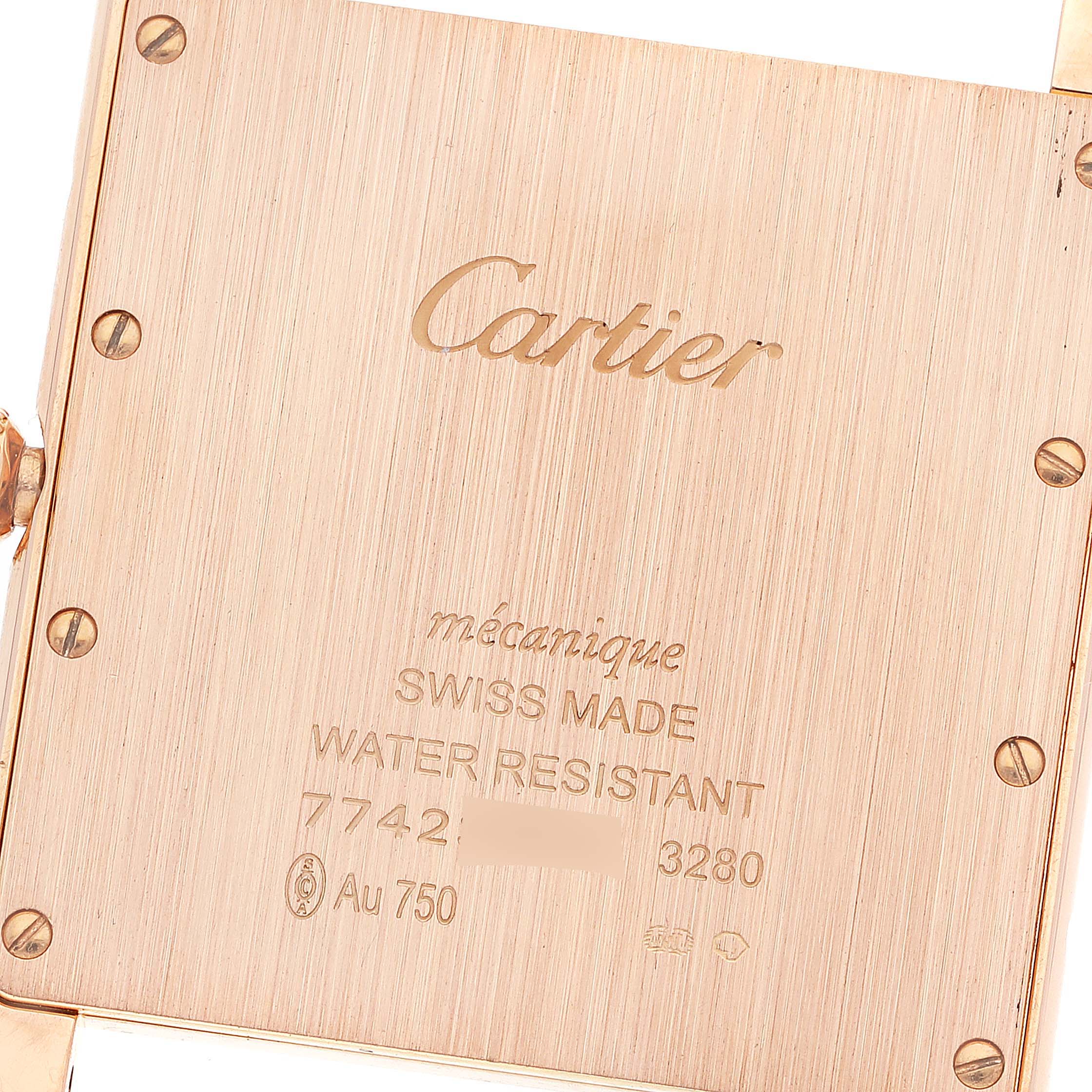 The image shows the detailed back case of the Cartier Tank Louis WT200005 Men's Rose Gold Silver Dial WT200005 Men's Rose Gold Silver Dial watch at a close-up angle.