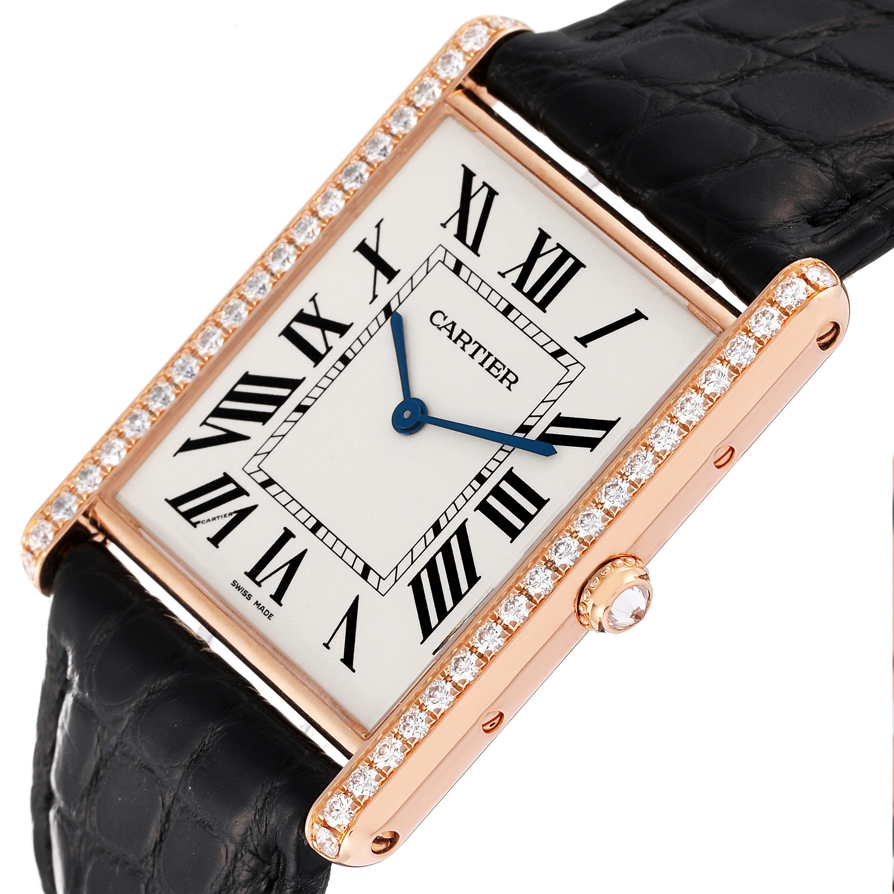 The image shows a close-up of a Cartier Tank Louis WT200005 Men's Rose Gold Silver Dial WT200005 Men's Rose Gold Silver Dial watch, highlighting its face, bezel, strap, and crown.