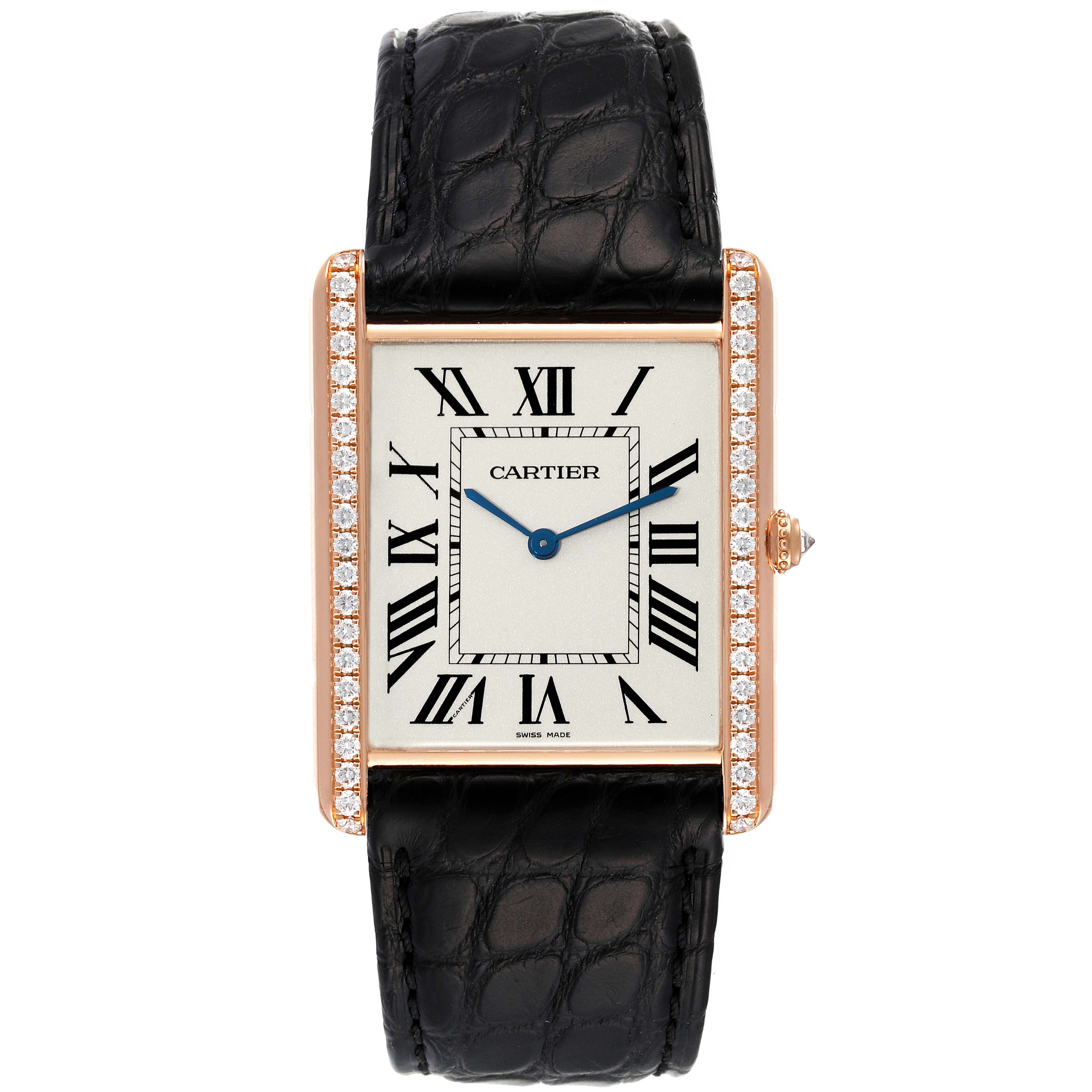 This image shows a front view of a Cartier Tank Louis WT200005 Men's Rose Gold Silver Dial WT200005 Men's Rose Gold Silver Dial watch with a black strap and diamond accents on the sides.