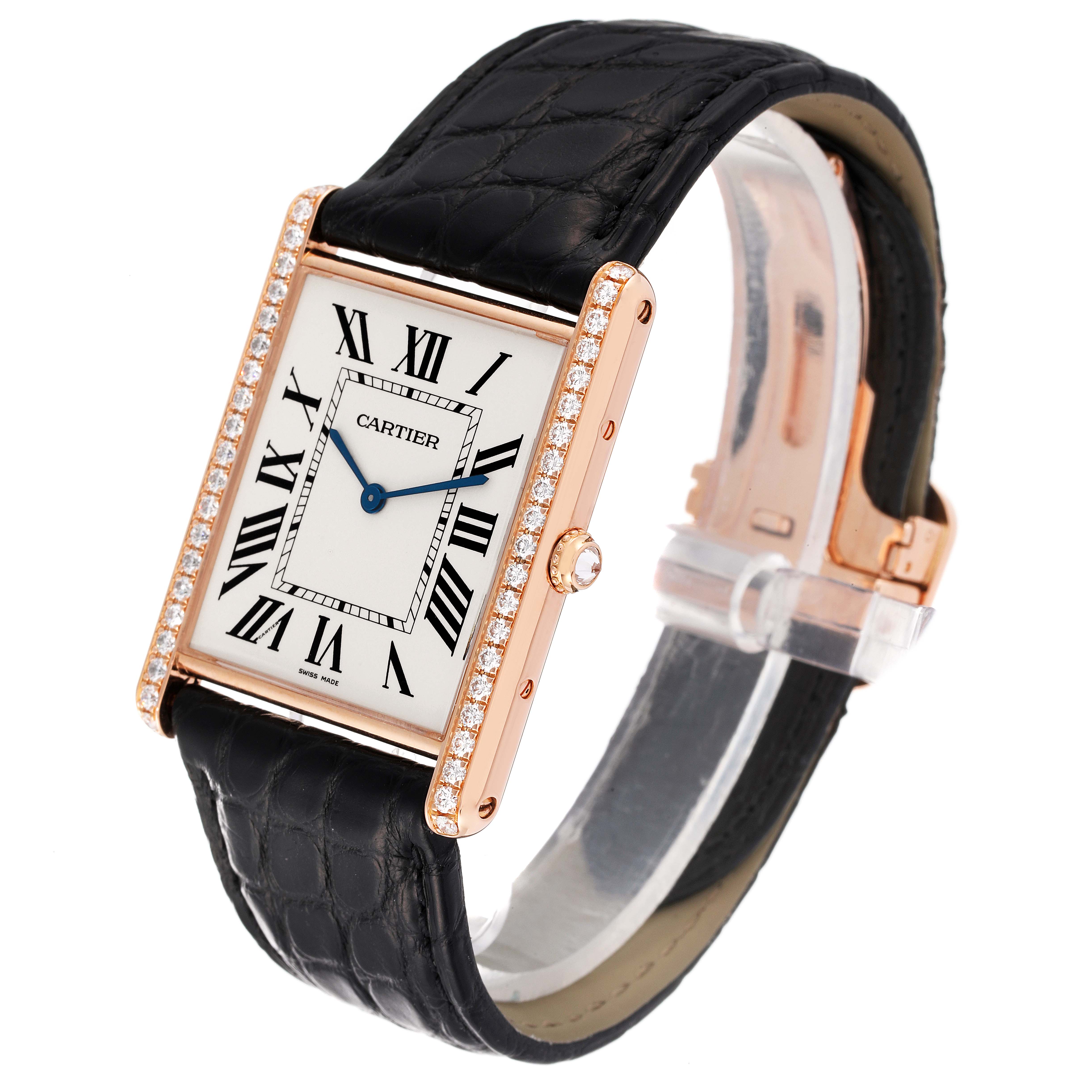 The Cartier Tank Louis WT200005 Men's Rose Gold Silver Dial WT200005 Men's Rose Gold Silver Dial watch is shown at an angle displaying the face, strap, and clasp.