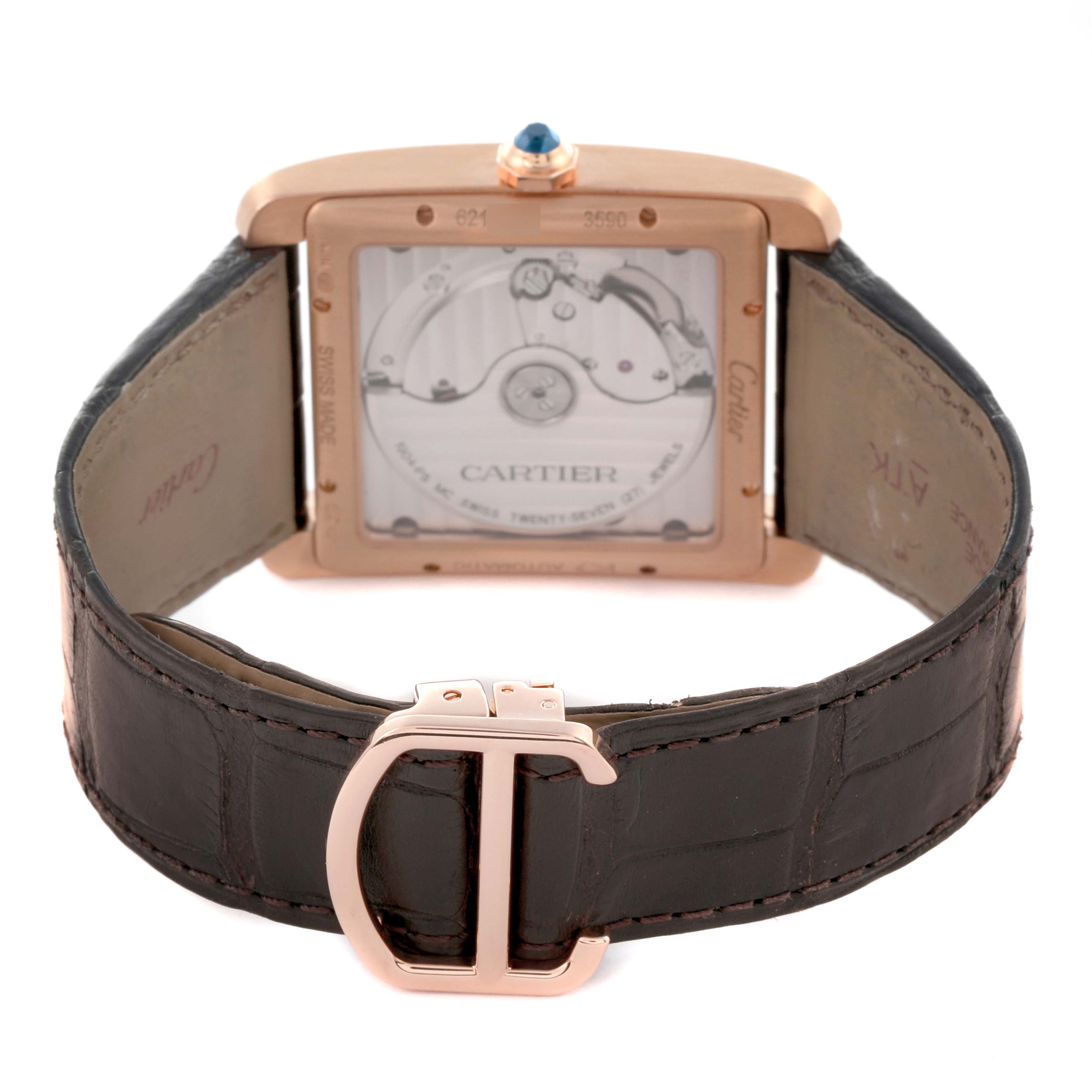 The image shows the back view of the Cartier Tank MC W5330001 Men's Rose Gold Silver Dial W5330001 Men's Rose Gold Silver Dial watch, highlighting its automatic movement and leather strap.