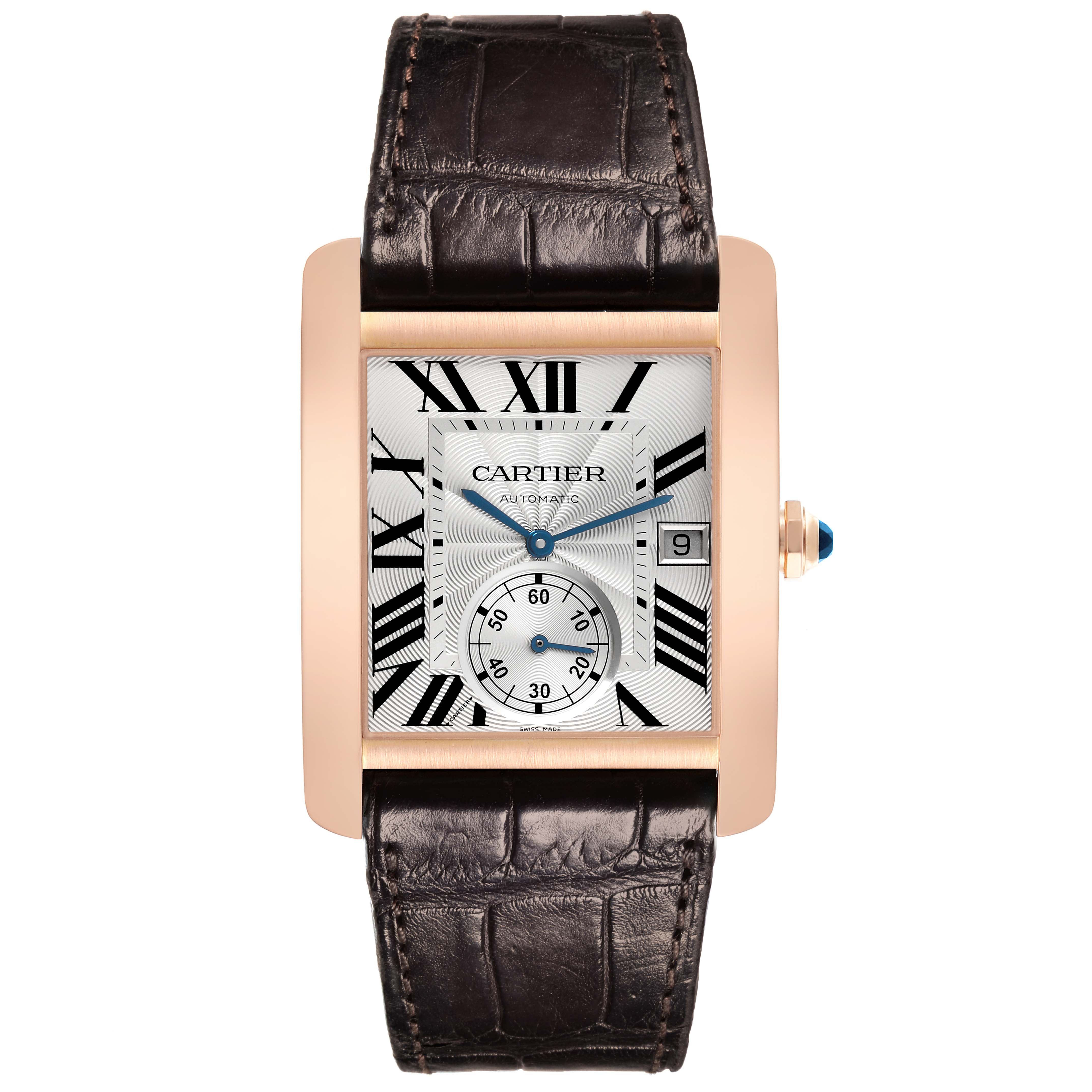 The Cartier Tank MC W5330001 Men's Rose Gold Silver Dial W5330001 Men's Rose Gold Silver Dial watch is shown from a top view displaying its face, strap, and crown with a blue cabochon.