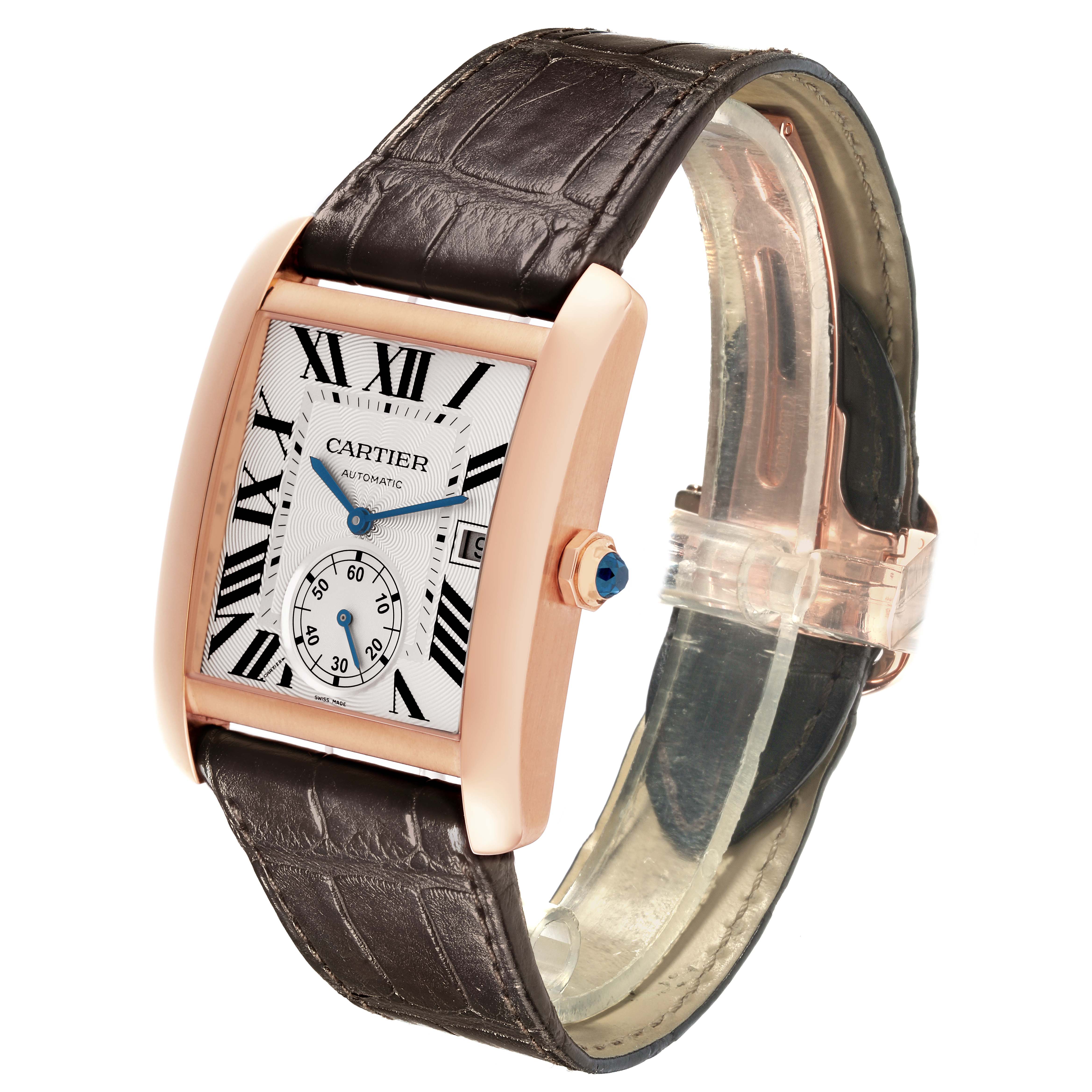 This Cartier Tank MC W5330001 Men's Rose Gold Silver Dial W5330001 Men's Rose Gold Silver Dial watch is shown at an angle highlighting the face, crown, and strap.