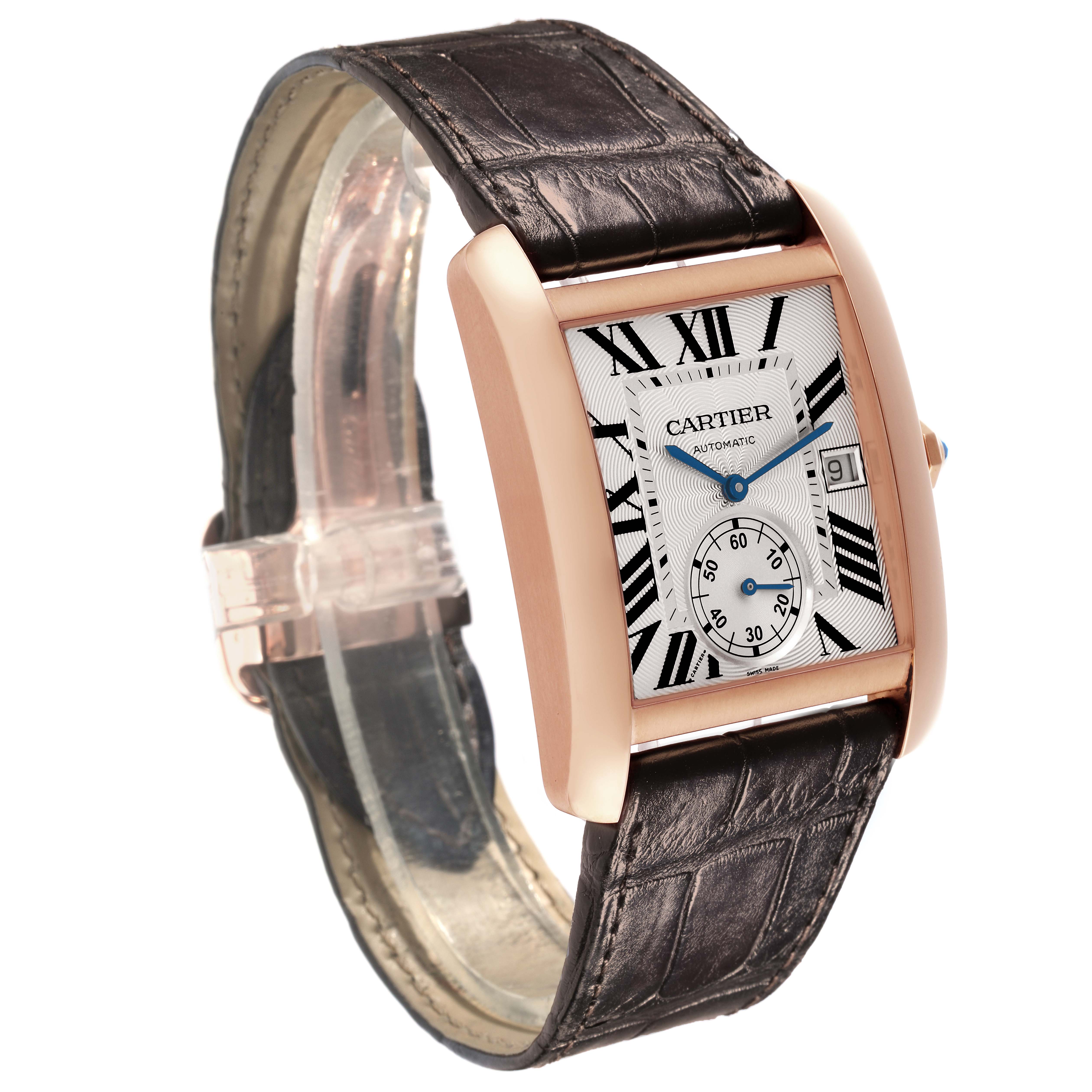 The Cartier Tank MC W5330001 Men's Rose Gold Silver Dial W5330001 Men's Rose Gold Silver Dial watch is shown at an angle highlighting the face, case, and partially visible leather strap.