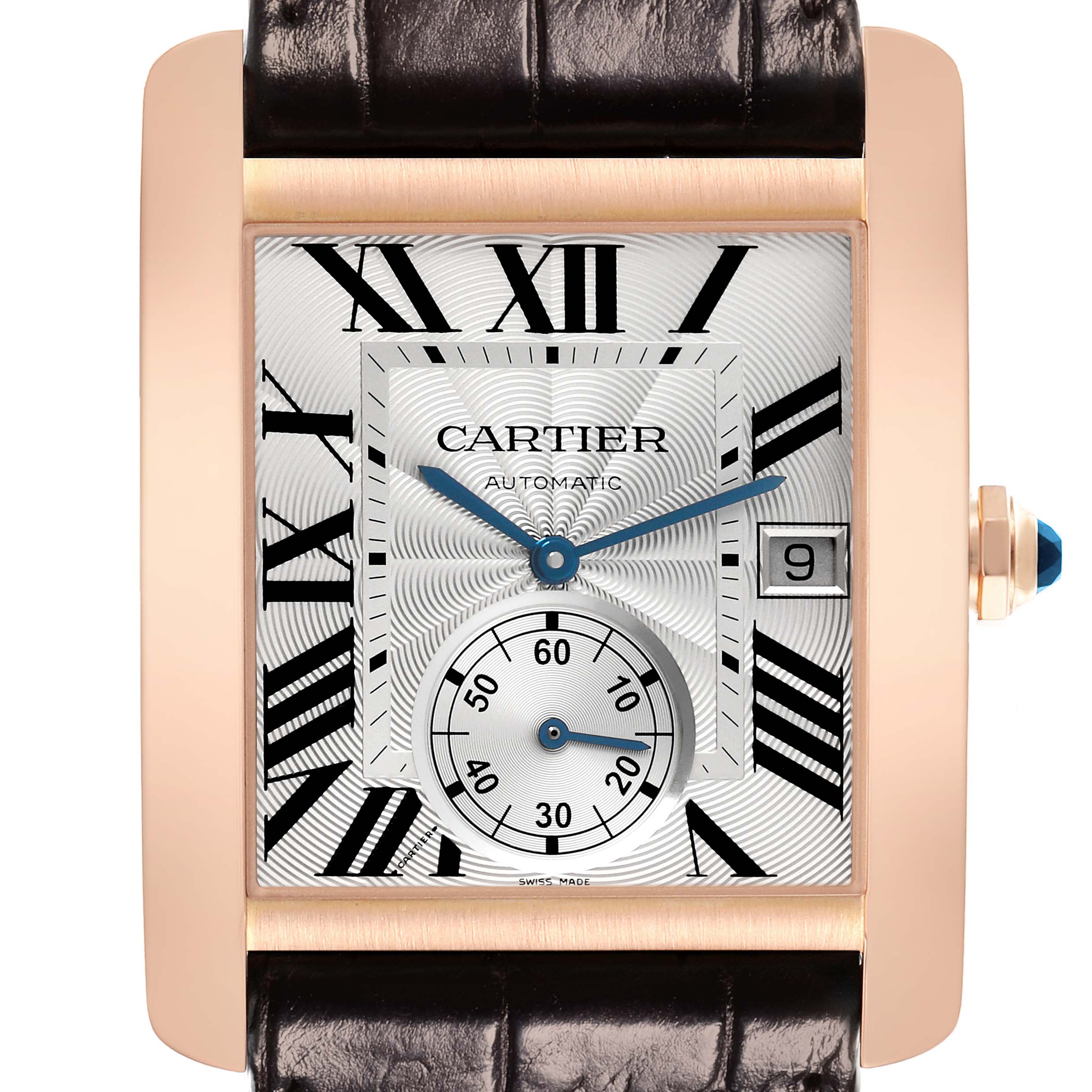 The Cartier Tank MC W5330001 Men's Rose Gold Silver Dial W5330001 Men's Rose Gold Silver Dial watch is shown from the front, displaying its face, Roman numerals, sub-dial, and date window.