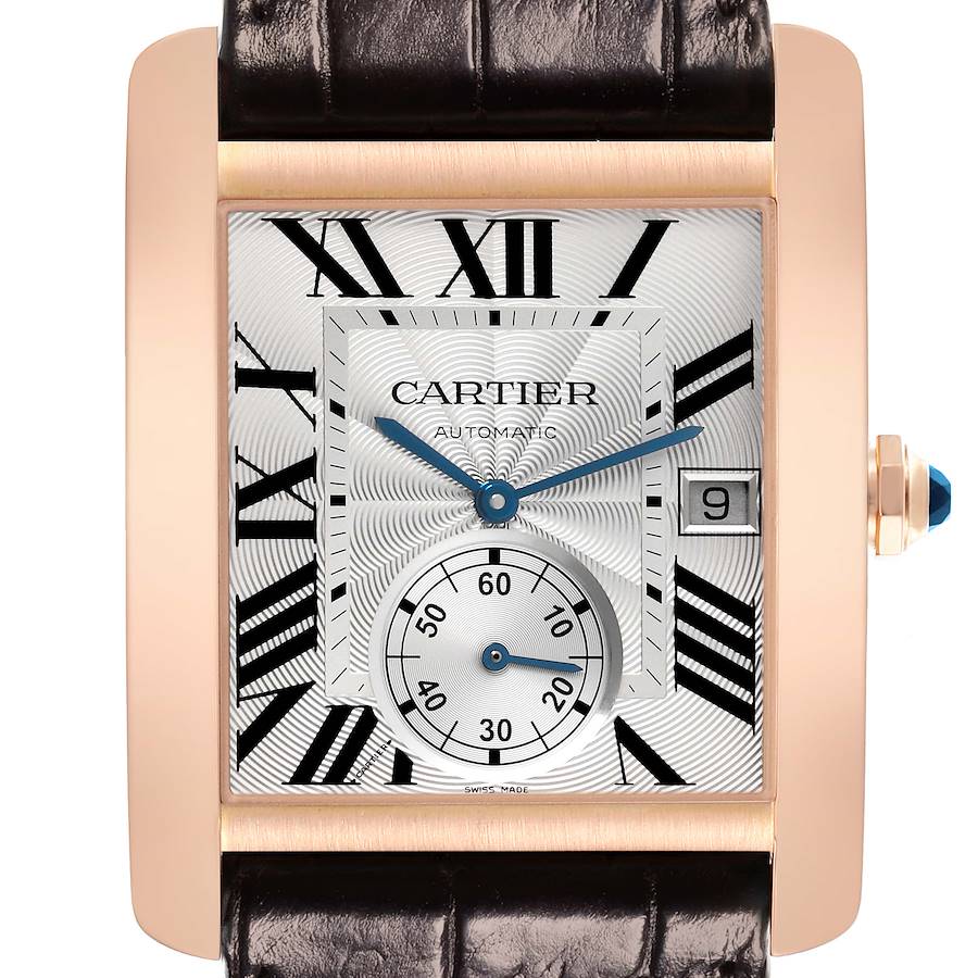 The Cartier Tank MC watch is shown from the front, displaying its face, Roman numerals, sub-dial, and date window.