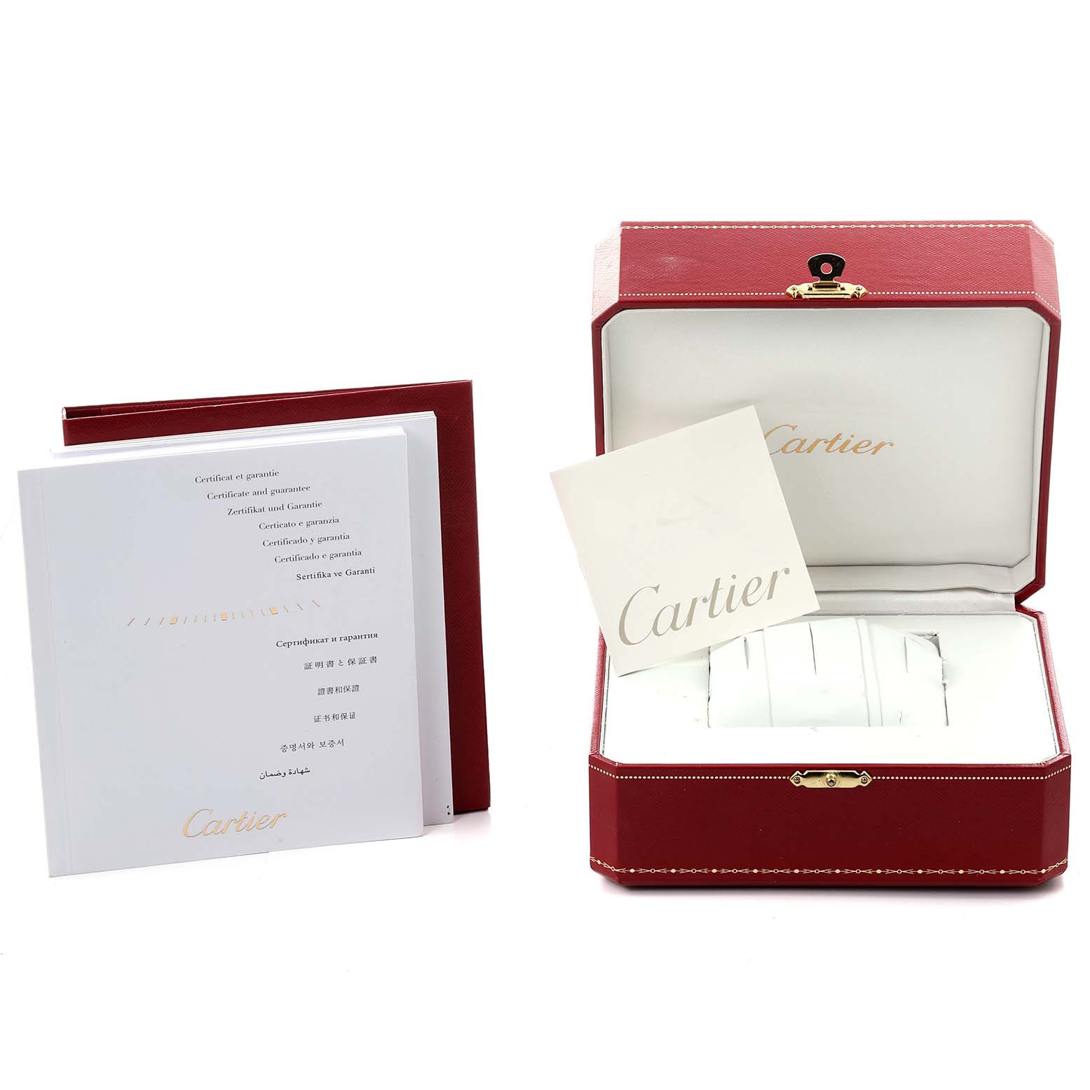 The image shows a Cartier Tank MC W5330001 Men's Rose Gold Silver Dial W5330001 Men's Rose Gold Silver Dial watch box and certificates from a frontal angle.