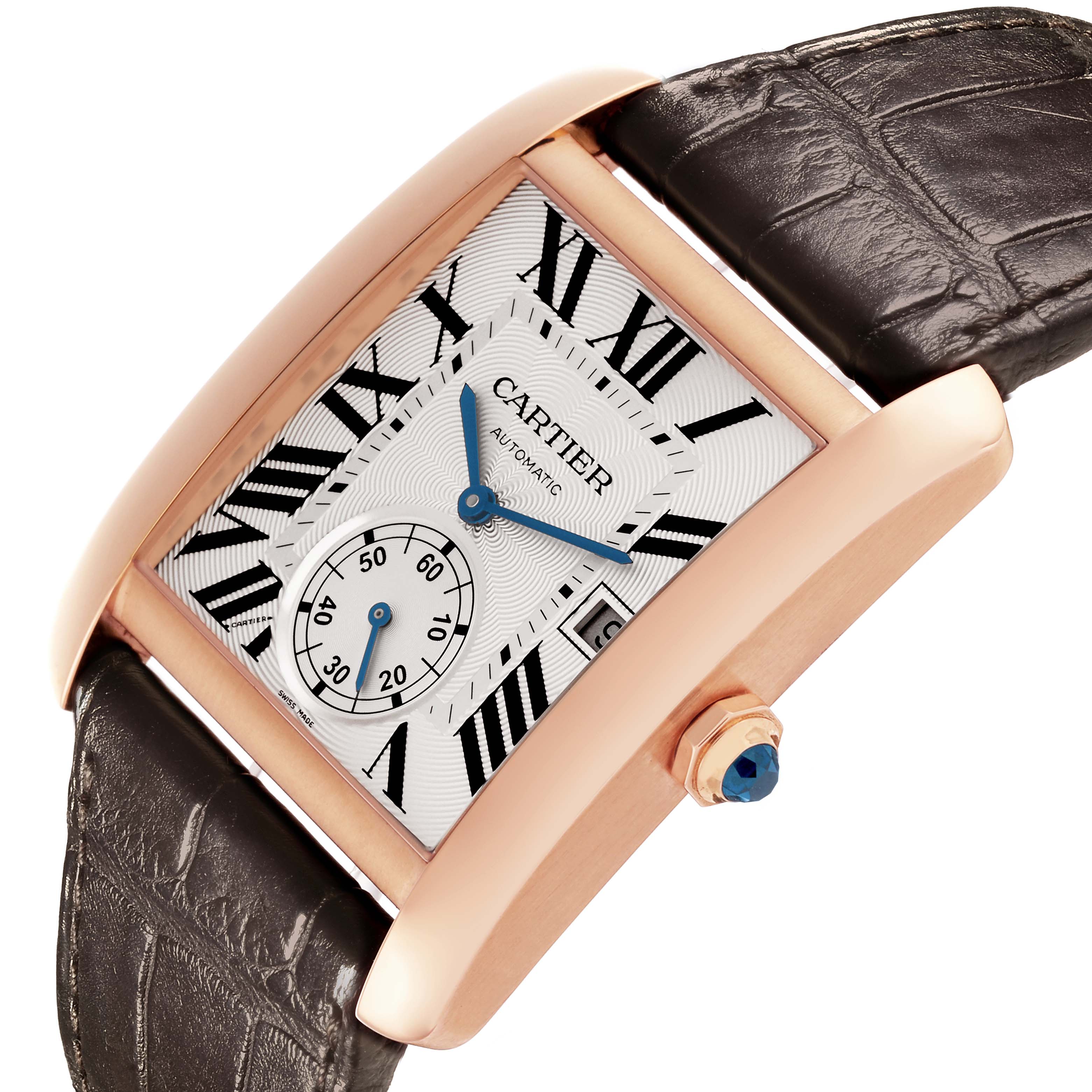 The Cartier Tank MC W5330001 Men's Rose Gold Silver Dial W5330001 Men's Rose Gold Silver Dial watch is shown at an angled view, highlighting the dial, case, crown, and strap.