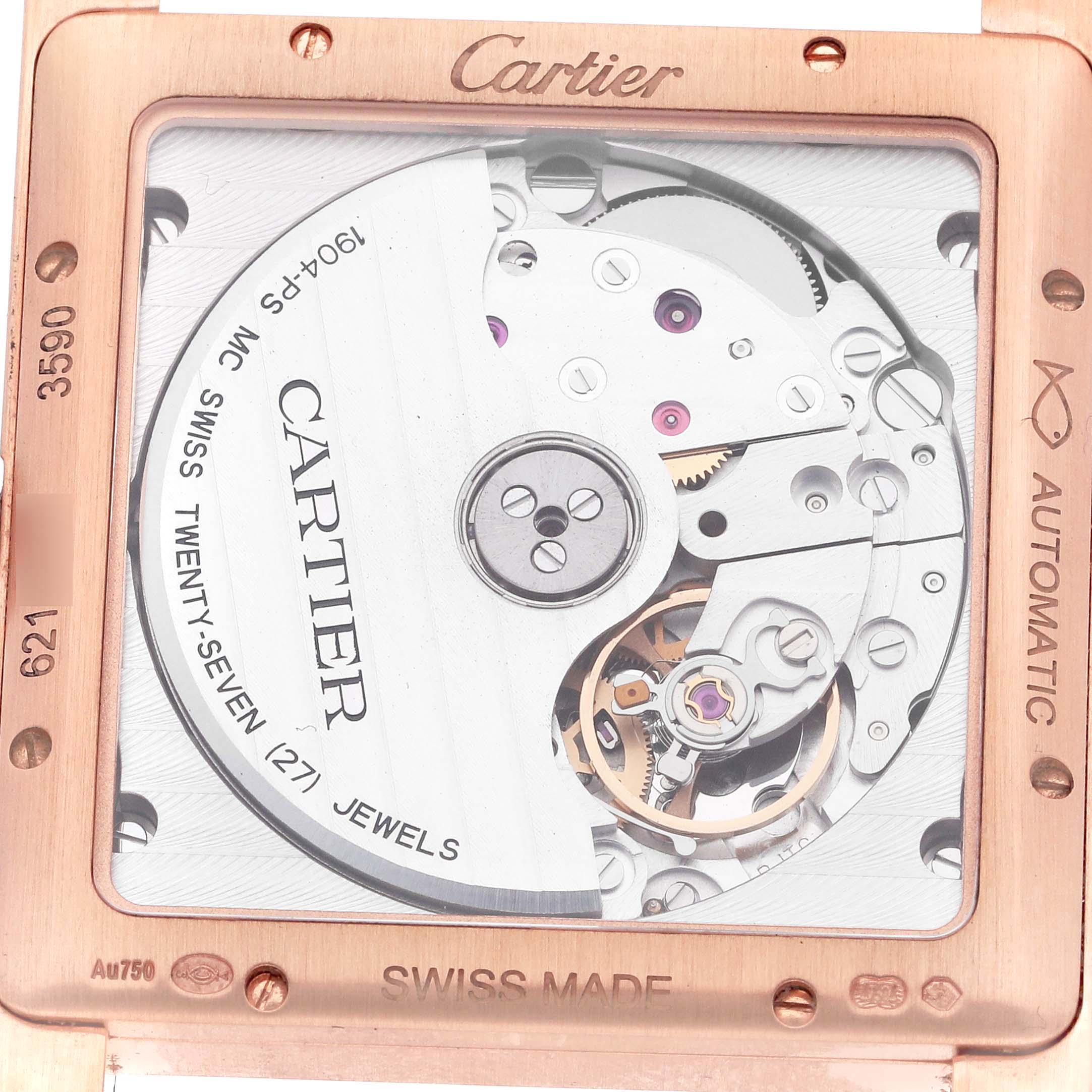 The image shows the back view of the Cartier Tank MC W5330001 Men's Rose Gold Silver Dial W5330001 Men's Rose Gold Silver Dial, highlighting its automatic movement and intricate mechanics.