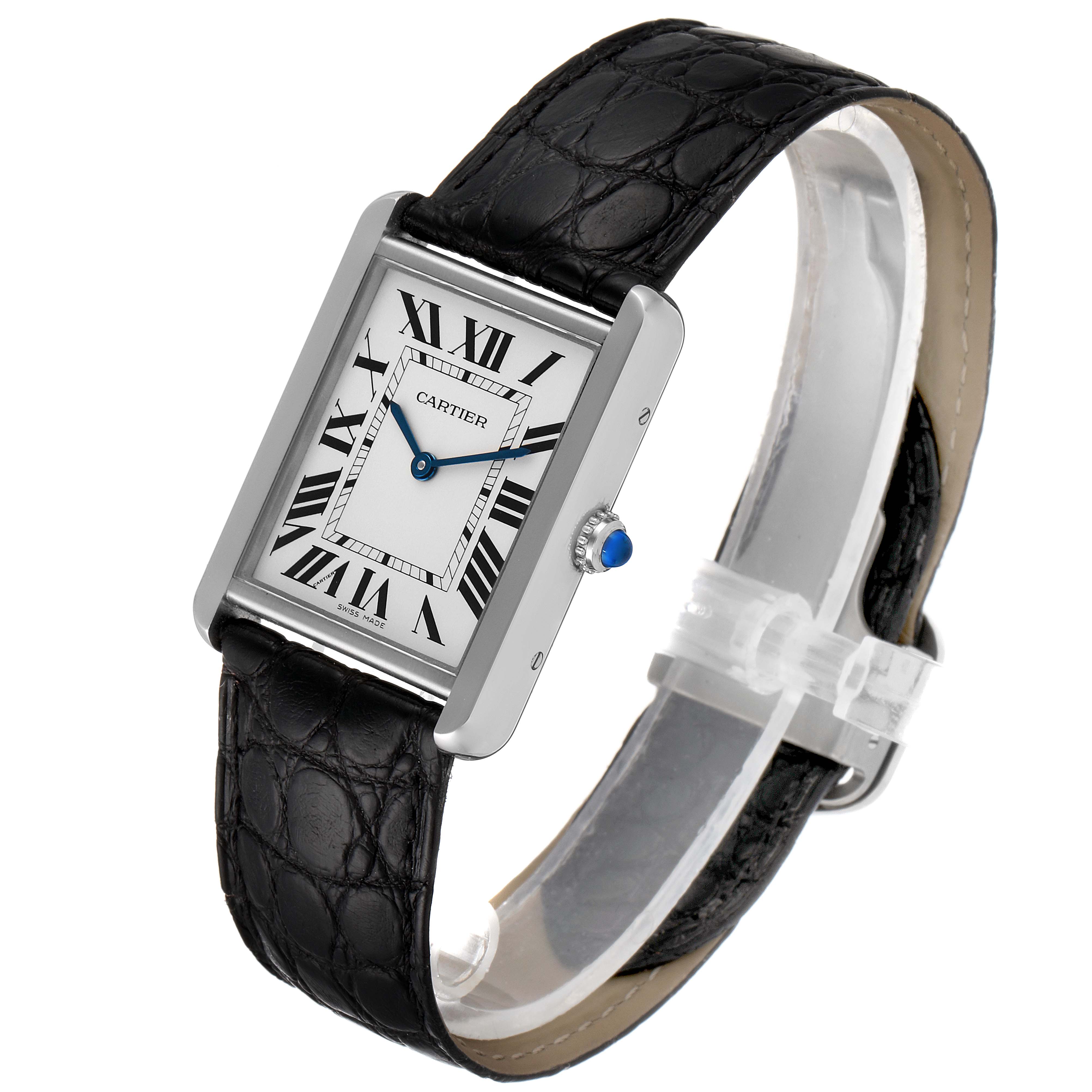 This Cartier Tank Solo W1018355 Men's Stainless Steel Silver Dial W1018355 Men's Stainless Steel Silver Dial watch is shown at a slight angle, displaying the face, case, and black leather strap.