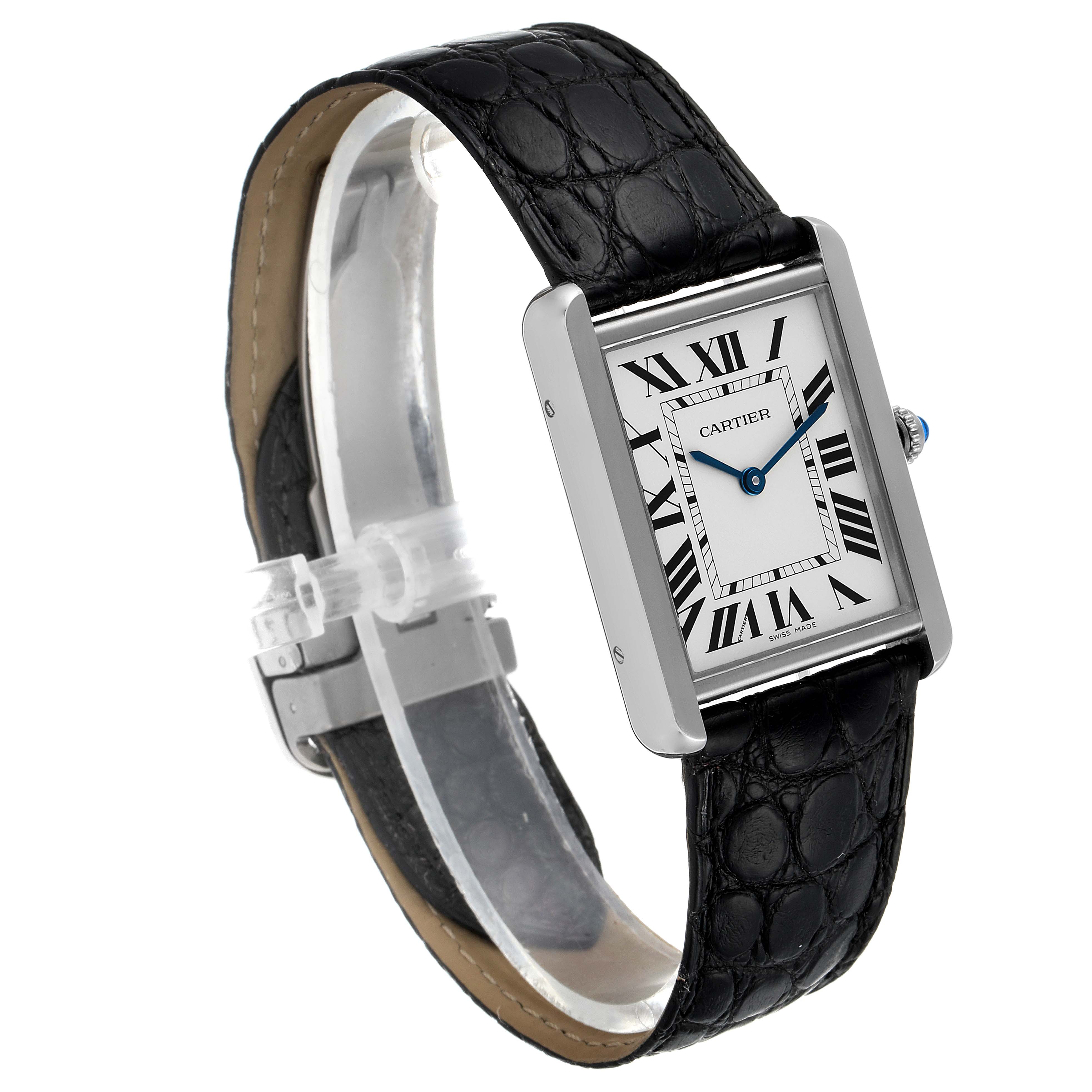 The image shows a Cartier Tank Solo W1018355 Men's Stainless Steel Silver Dial W1018355 Men's Stainless Steel Silver Dial watch at a slightly tilted angle, displaying the face, casing, and black leather strap.