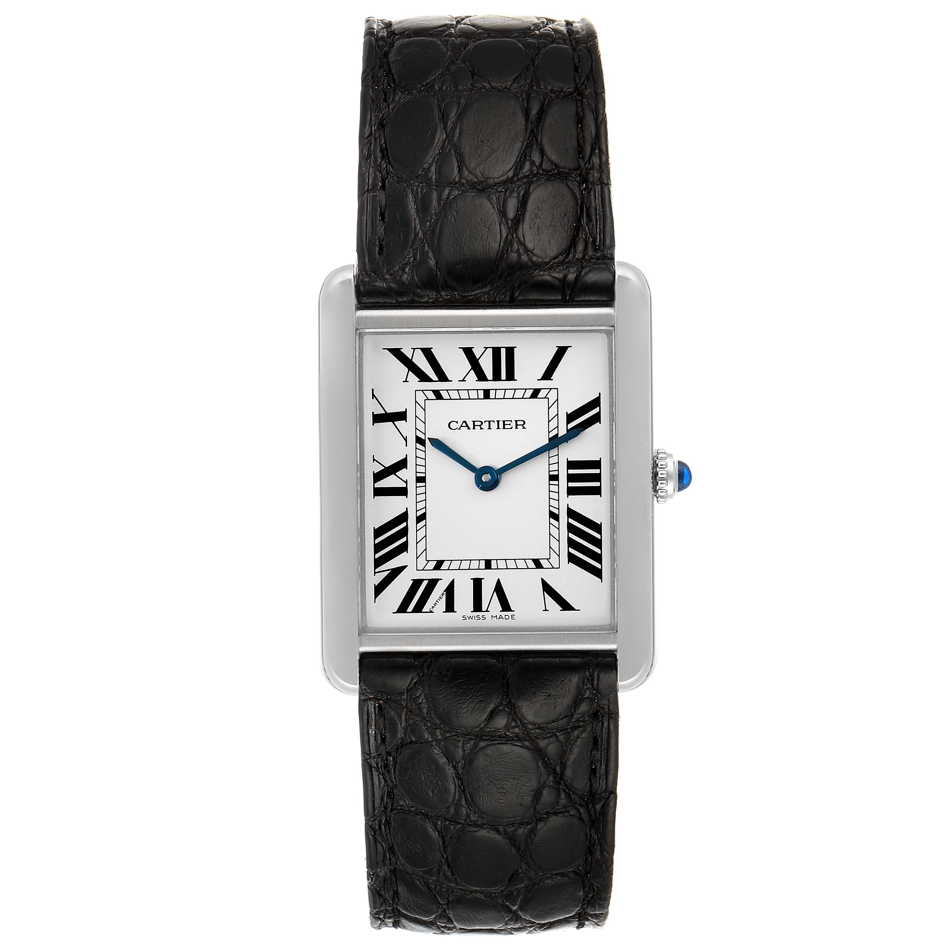 The image shows a frontal view of the Cartier Tank Solo W1018355 Men's Stainless Steel Silver Dial W1018355 Men's Stainless Steel Silver Dial watch, highlighting its rectangular case, Roman numeral dial, and black leather strap.