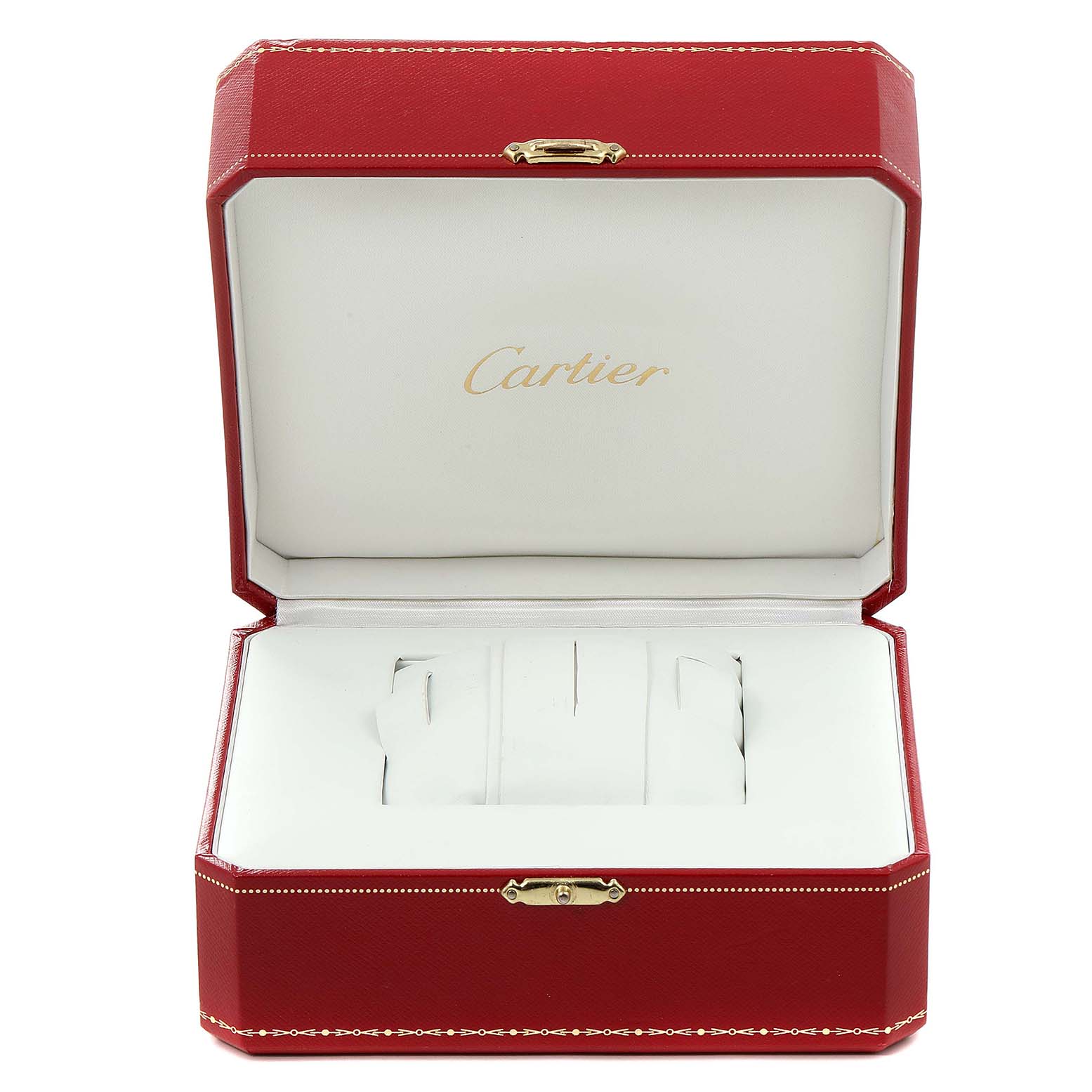 The image shows an open red box with white interior for the Cartier Tank Solo W1018355 Men's Stainless Steel Silver Dial W1018355 Men's Stainless Steel Silver Dial watch, featuring the brand name inside the lid.