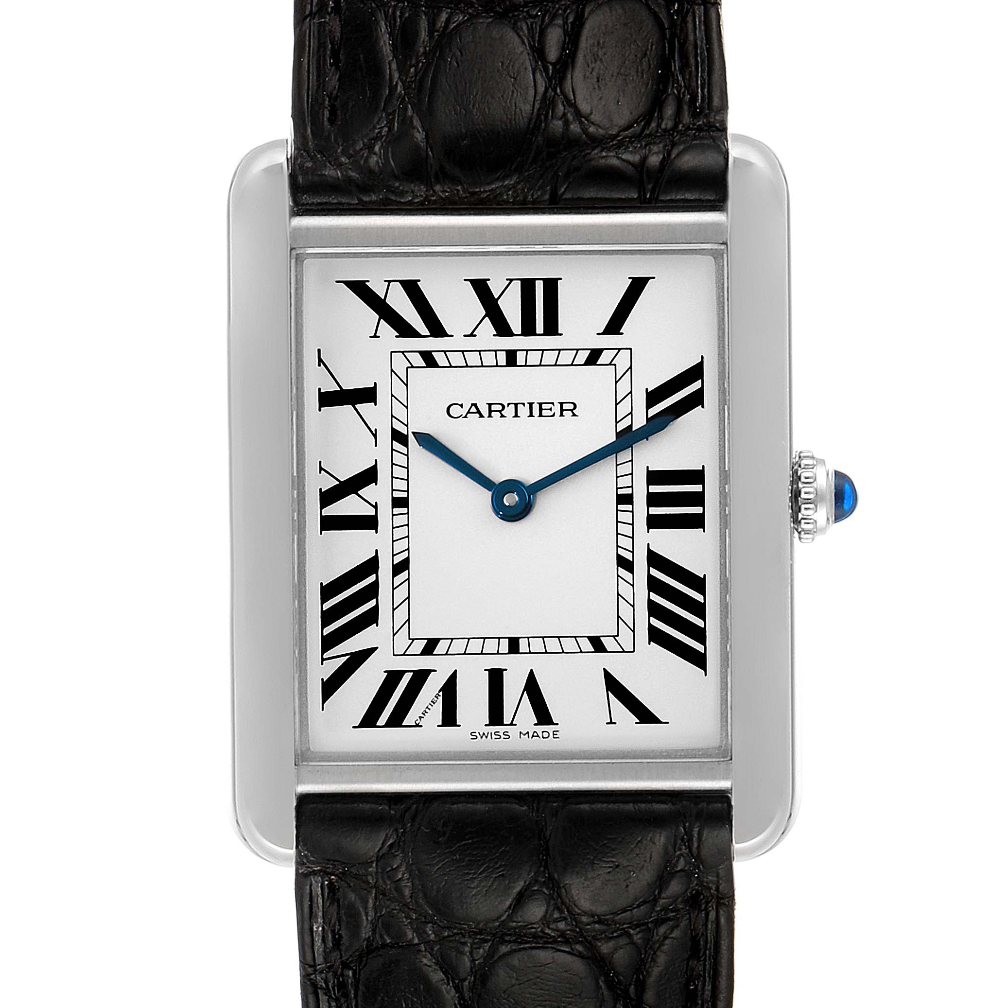 This image shows a frontal view of a Cartier Tank Solo W1018355 Men's Stainless Steel Silver Dial W1018355 Men's Stainless Steel Silver Dial watch, highlighting its rectangular face, Roman numerals, and black leather strap.