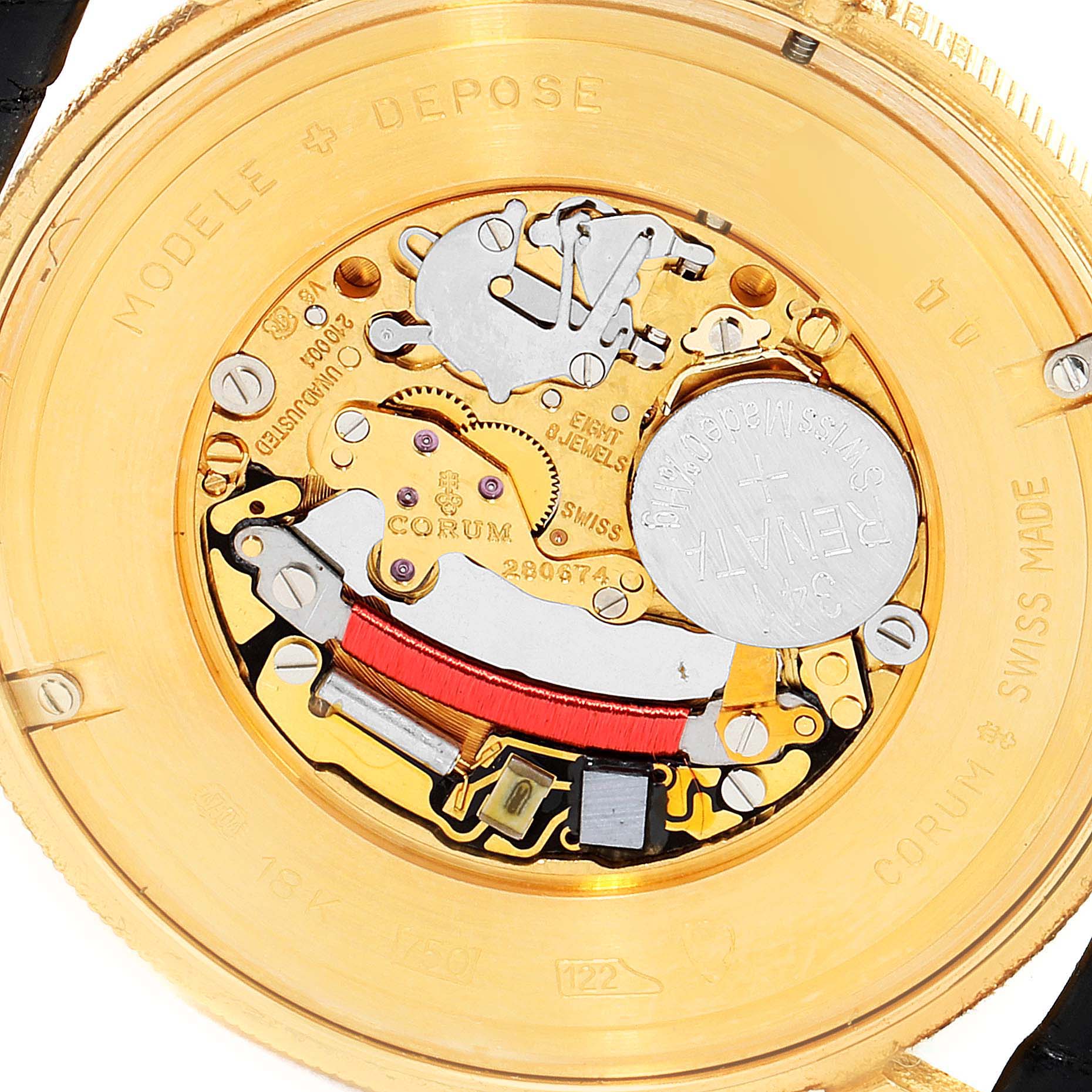 The image shows the inner mechanical components and battery of the Corum Coin Watch  Men's Yellow Gold Black Dial  Men's Yellow Gold Black Dial model, viewed from the back.