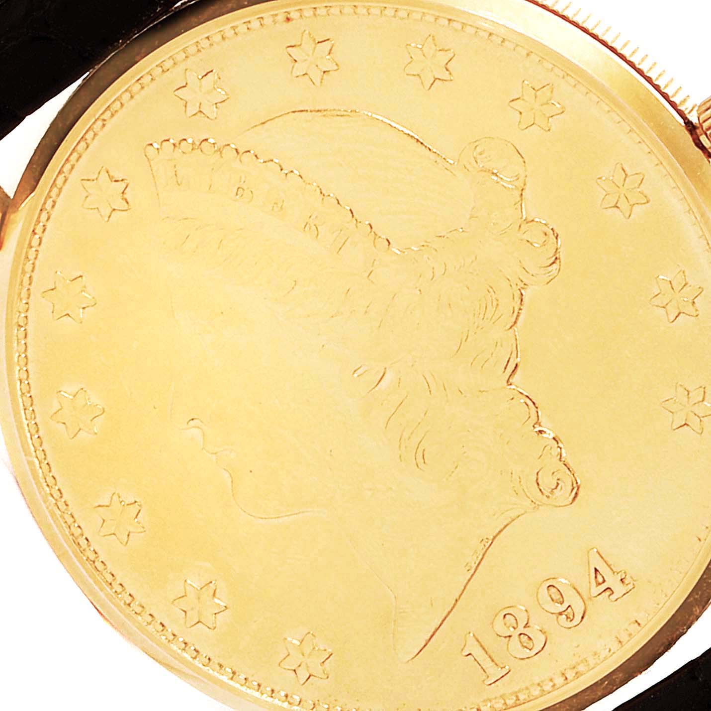 The image shows a close-up of the face and bezel of a Corum Coin Watch  Men's Yellow Gold Black Dial  Men's Yellow Gold Black Dial model, highlighting the intricate coin design.