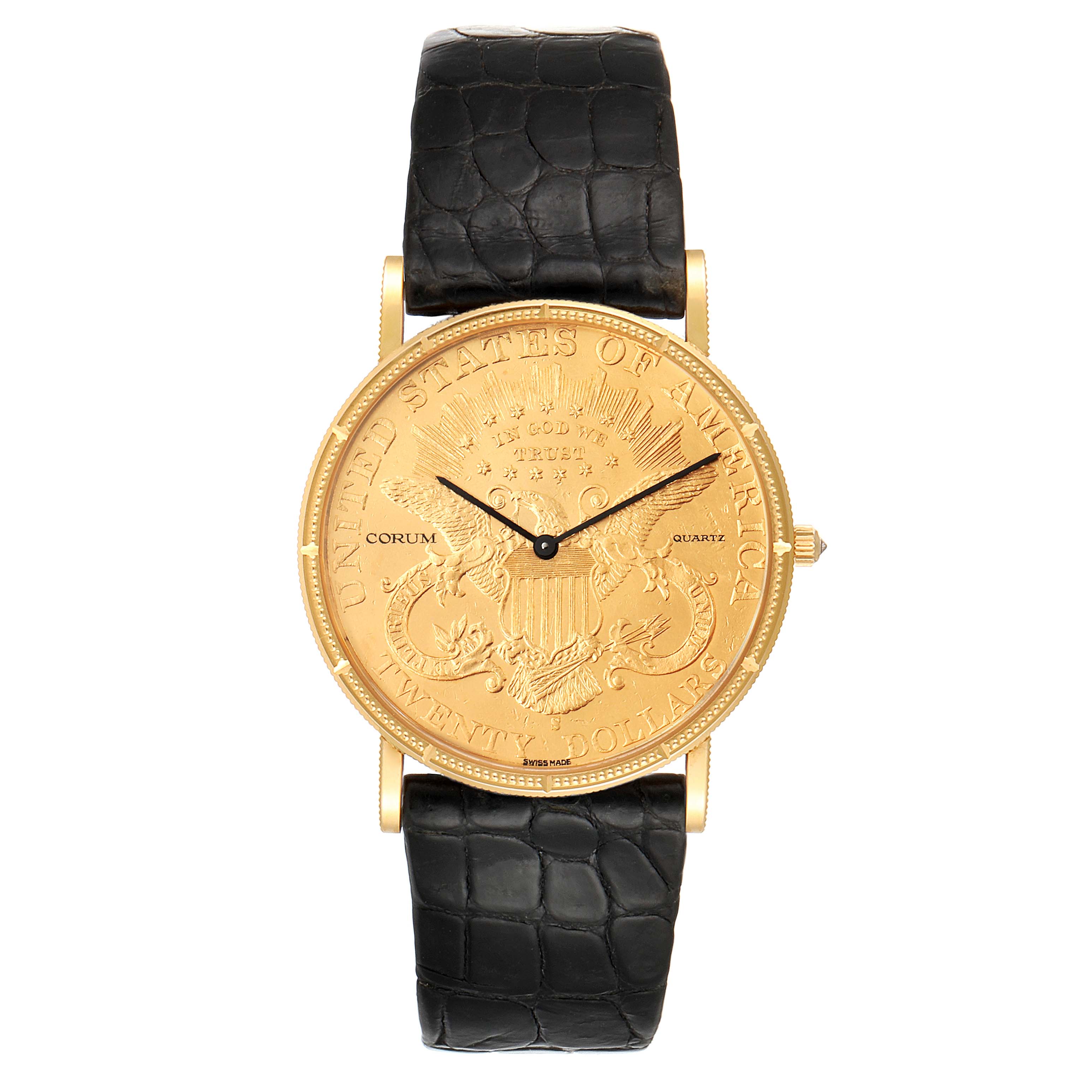 The Corum Coin Watch  Men's Yellow Gold Black Dial  Men's Yellow Gold Black Dial model is shown from the front, displaying its gold face and black leather strap.