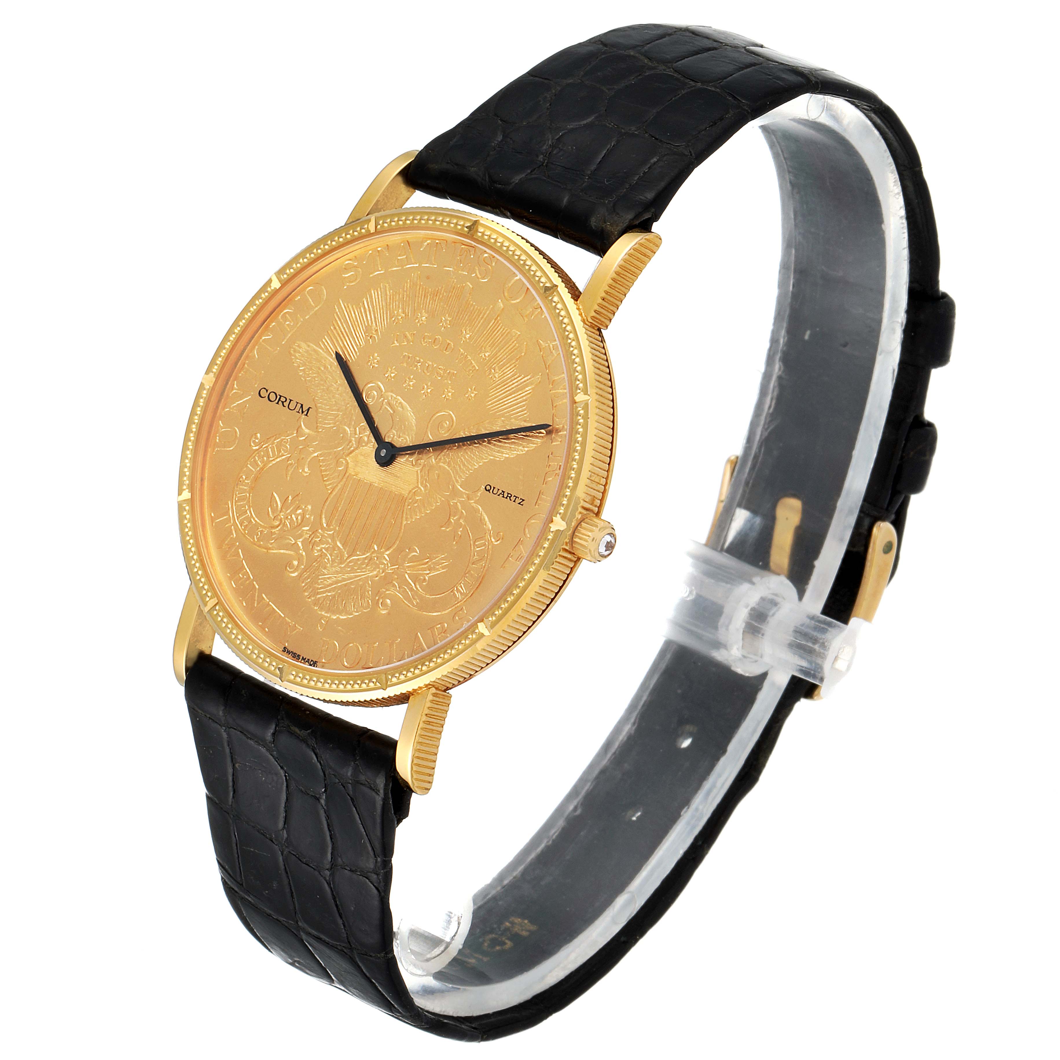 The image shows a Corum Coin Watch  Men's Yellow Gold Black Dial  Men's Yellow Gold Black Dial model from a three-quarter side angle, highlighting the gold face and black leather strap.