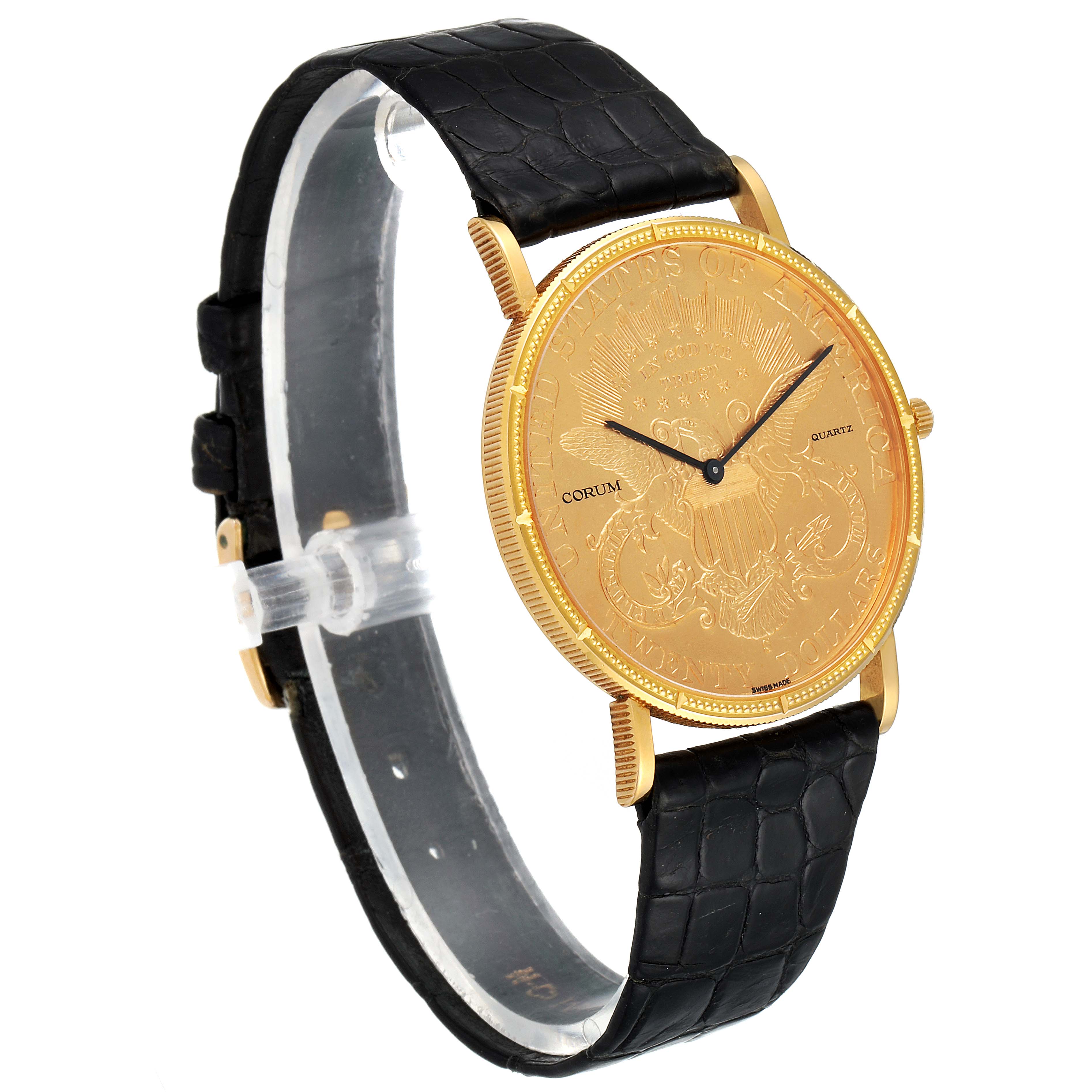 This image shows a side perspective of the Corum Coin Watch  Men's Yellow Gold Black Dial  Men's Yellow Gold Black Dial model, highlighting its dial, hands, bezel, and strap.