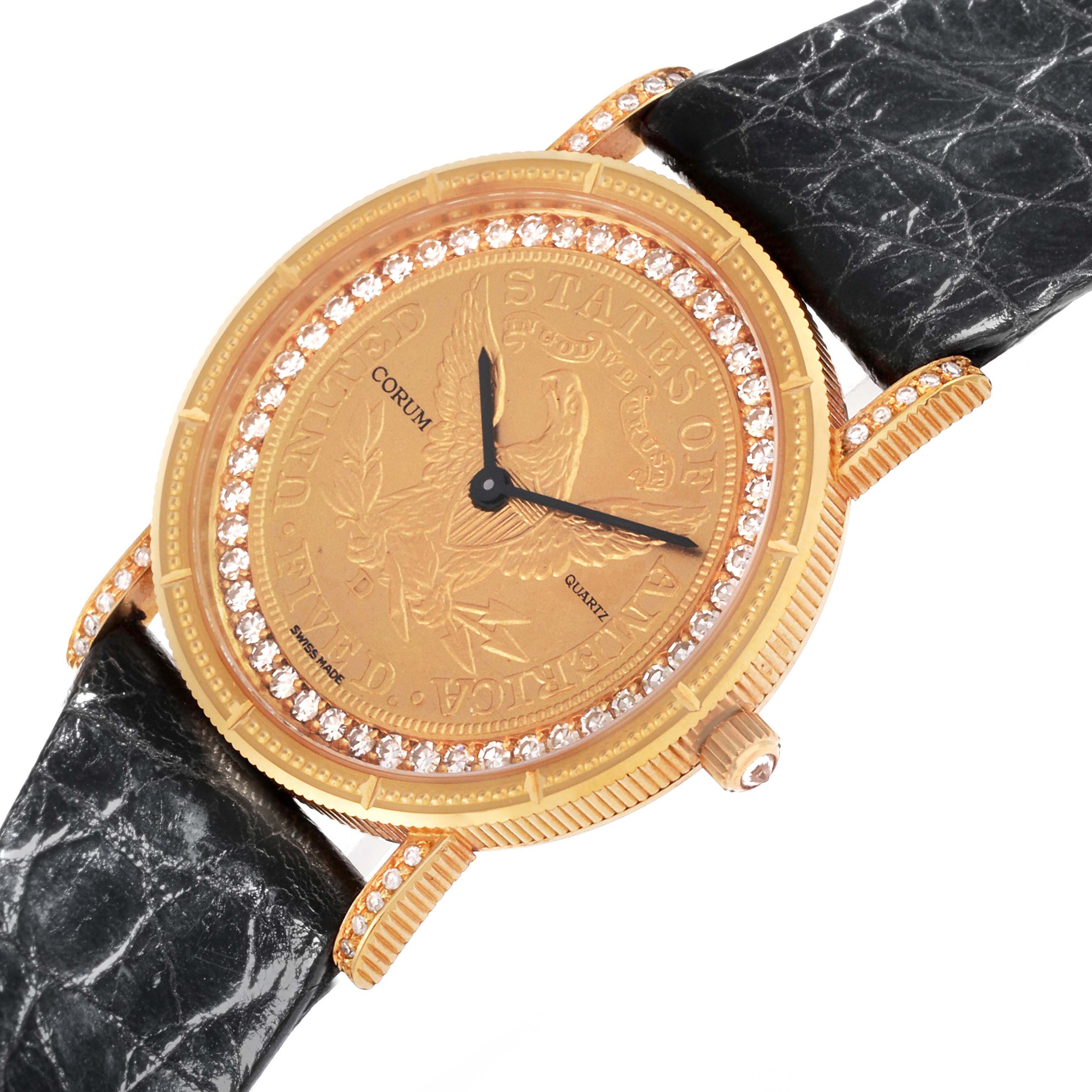 The Corum 1887 Women's Yellow Gold Champagne Dial 1887 Women's Yellow Gold Champagne Dial Yellow Gold 5 Dollars Coin Diamond Ladies Watch is shown from an angled top view, highlighting its diamond bezel and textured strap.