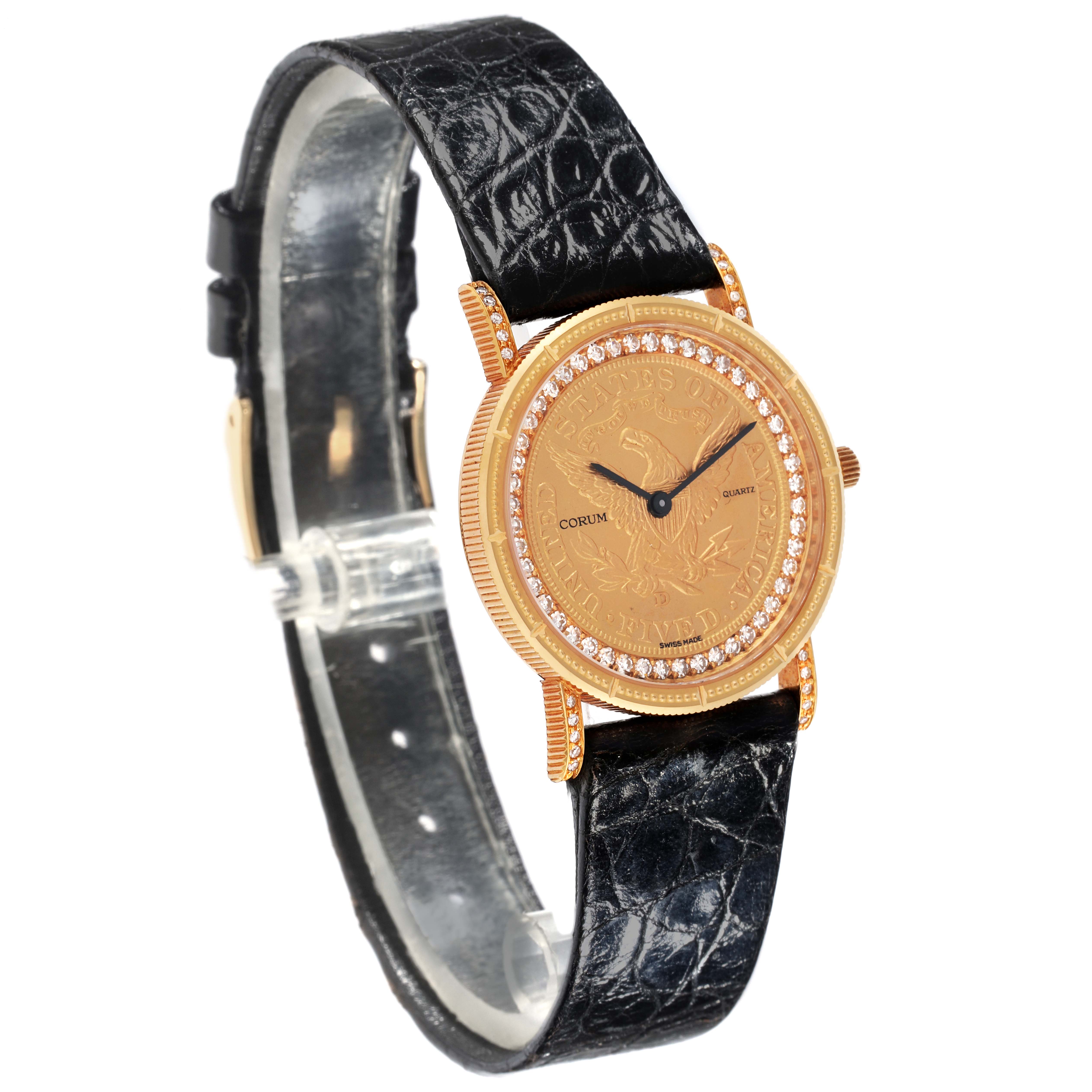 The image shows a Corum 1887 Women's Yellow Gold Champagne Dial 1887 Women's Yellow Gold Champagne Dial Yellow Gold 5 Dollars Coin Diamond Ladies Watch at an angle highlighting the face, bezel, and leather strap.