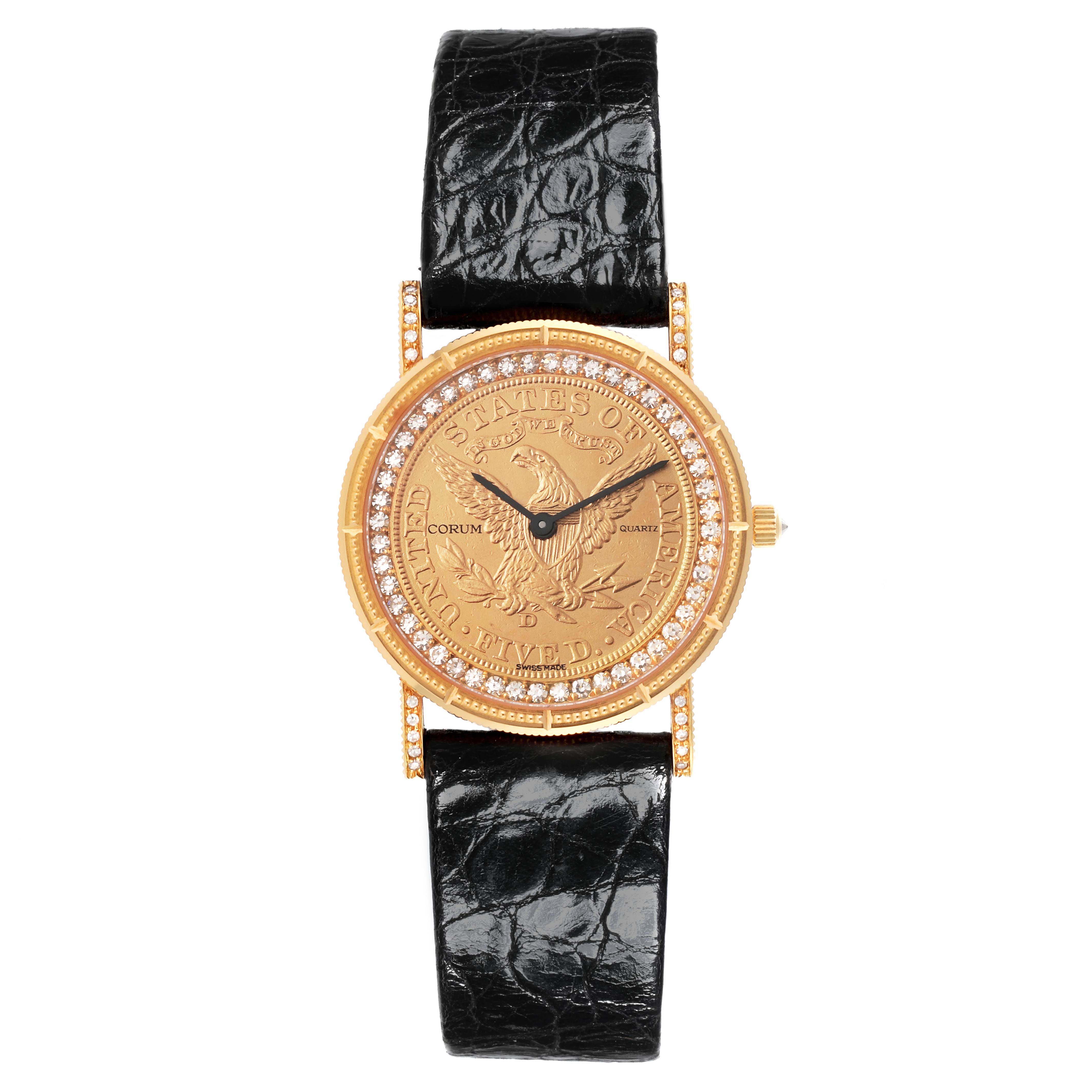 This Corum 1887 Women's Yellow Gold Champagne Dial 1887 Women's Yellow Gold Champagne Dial Yellow Gold 5 Dollars Coin Diamond Ladies Watch is shown from a top view, highlighting the watch face, bezel, and strap.