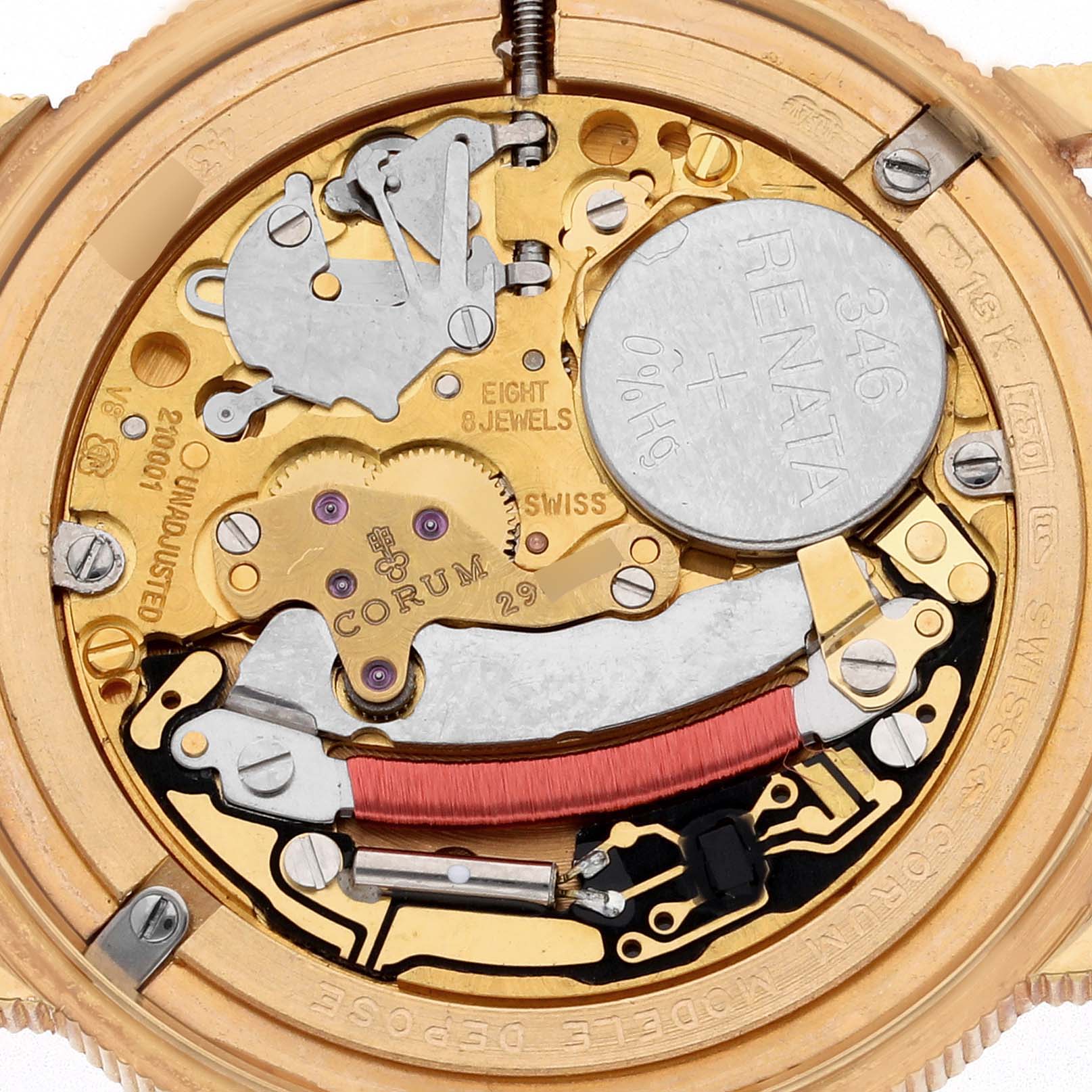 The image shows the movement and internal components of the Corum 1887 Women's Yellow Gold Champagne Dial 1887 Women's Yellow Gold Champagne Dial Yellow Gold 5 Dollars Coin Diamond Ladies Watch, viewed from the back.
