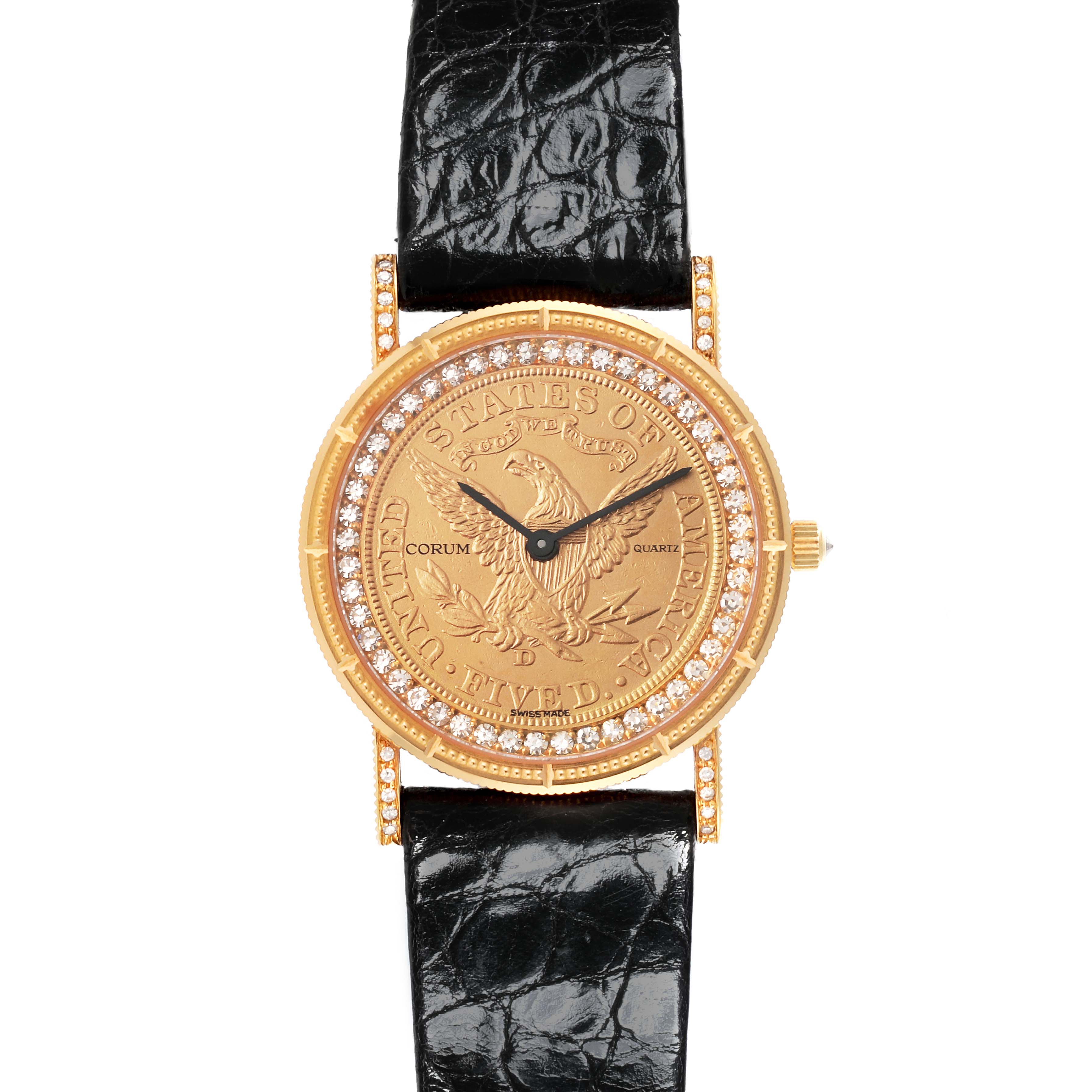The Corum 1887 Women's Yellow Gold Champagne Dial 1887 Women's Yellow Gold Champagne Dial Yellow Gold 5 Dollars Coin Diamond Ladies Watch is shown from a front angle, highlighting the coin face, diamond bezel, and black strap.