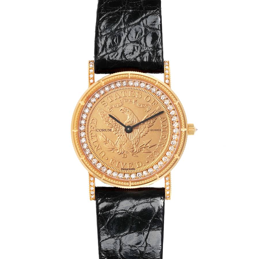 The Corum Yellow Gold 5 Dollars Coin Diamond Ladies Watch is shown from a front angle, highlighting the coin face, diamond bezel, and black strap.