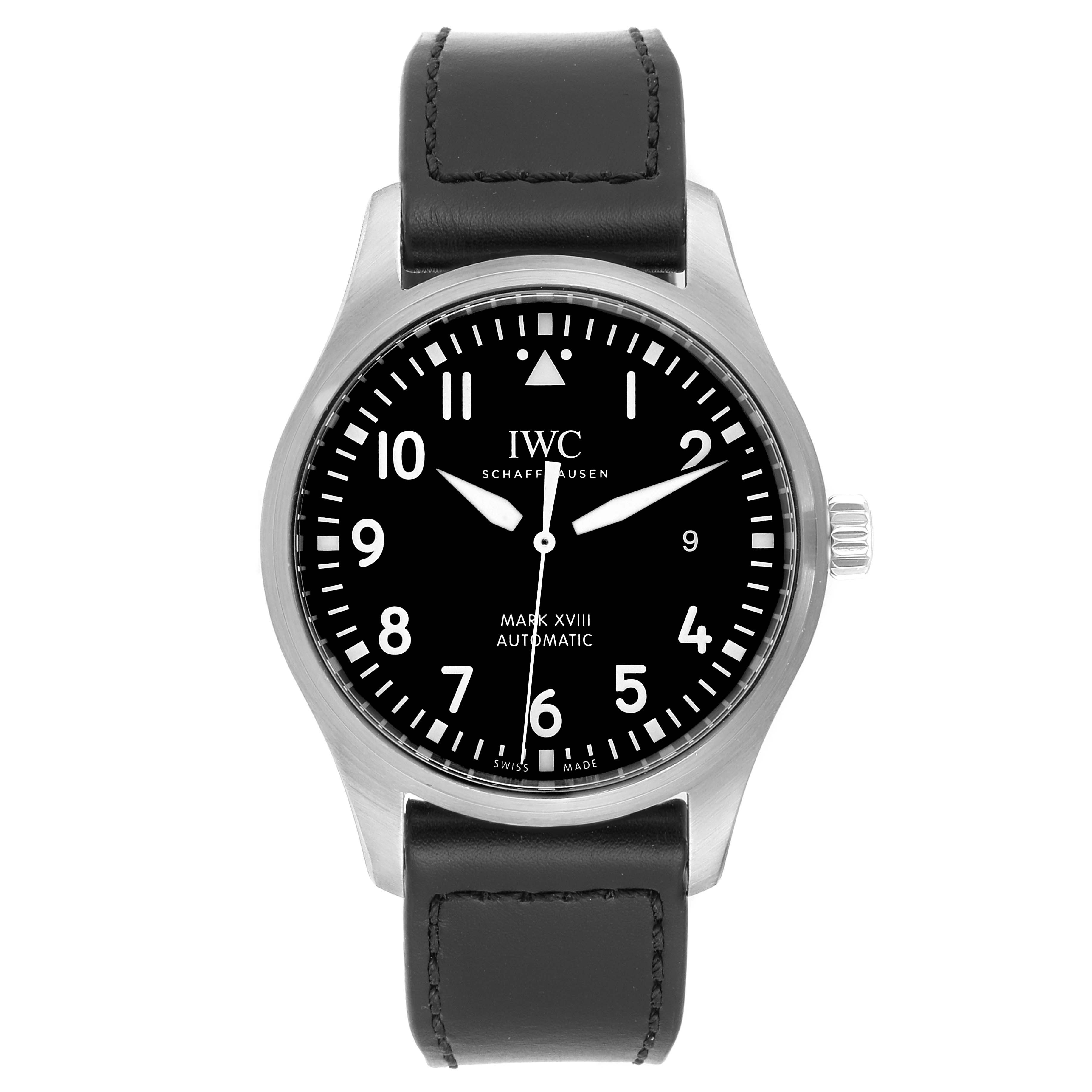 The image shows a front view of an IWC Pilot IW327001 Men
s Stainless Steel Black Dial IW327001 Men
s Stainless Steel Black Dial Mark XVIII Automatic watch, displaying the dial, hands, and black leather strap.