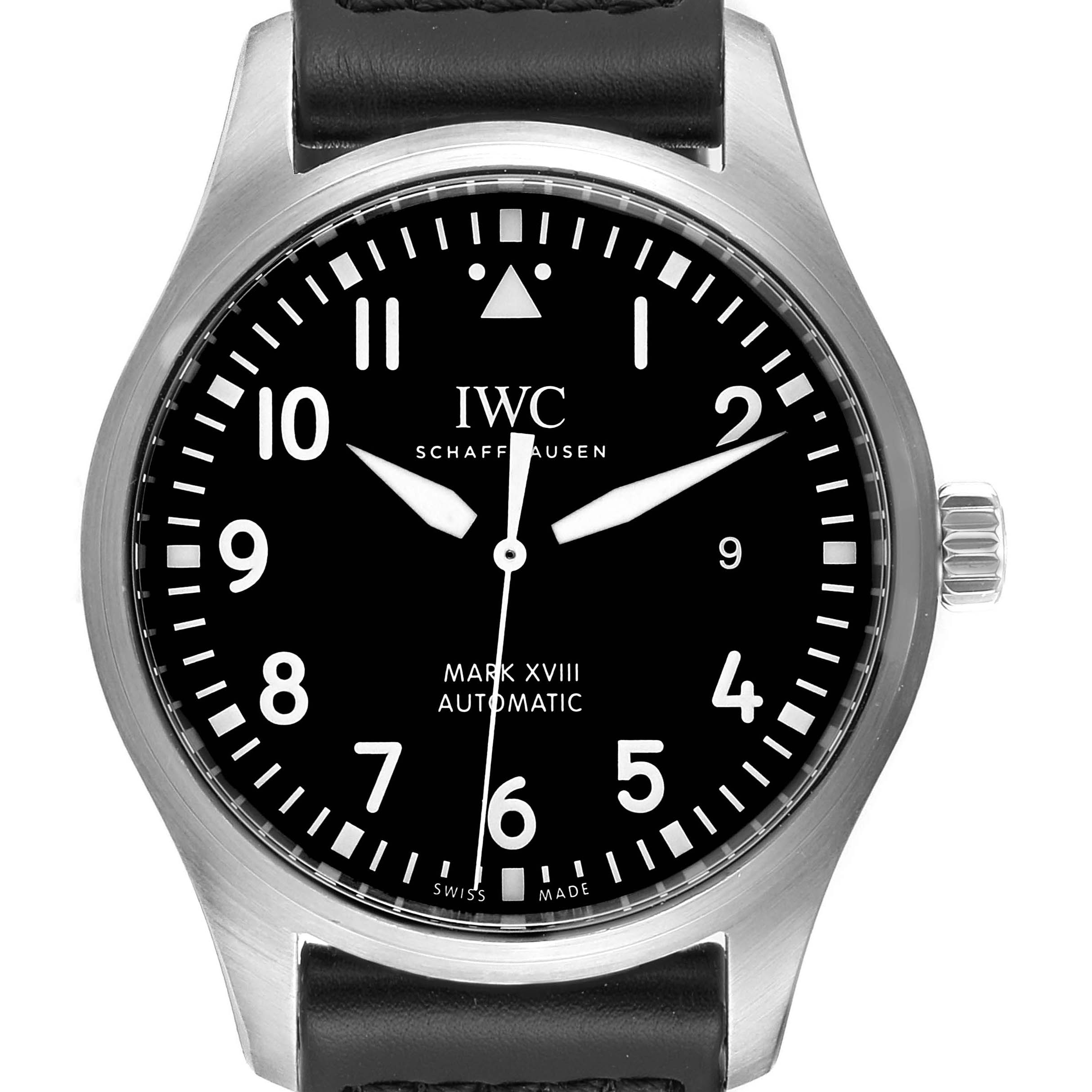 The IWC Pilot IW327001 Men
s Stainless Steel Black Dial IW327001 Men
s Stainless Steel Black Dial Mark XVIII watch is shown from a direct front angle, highlighting the face, crown, and part of the strap.