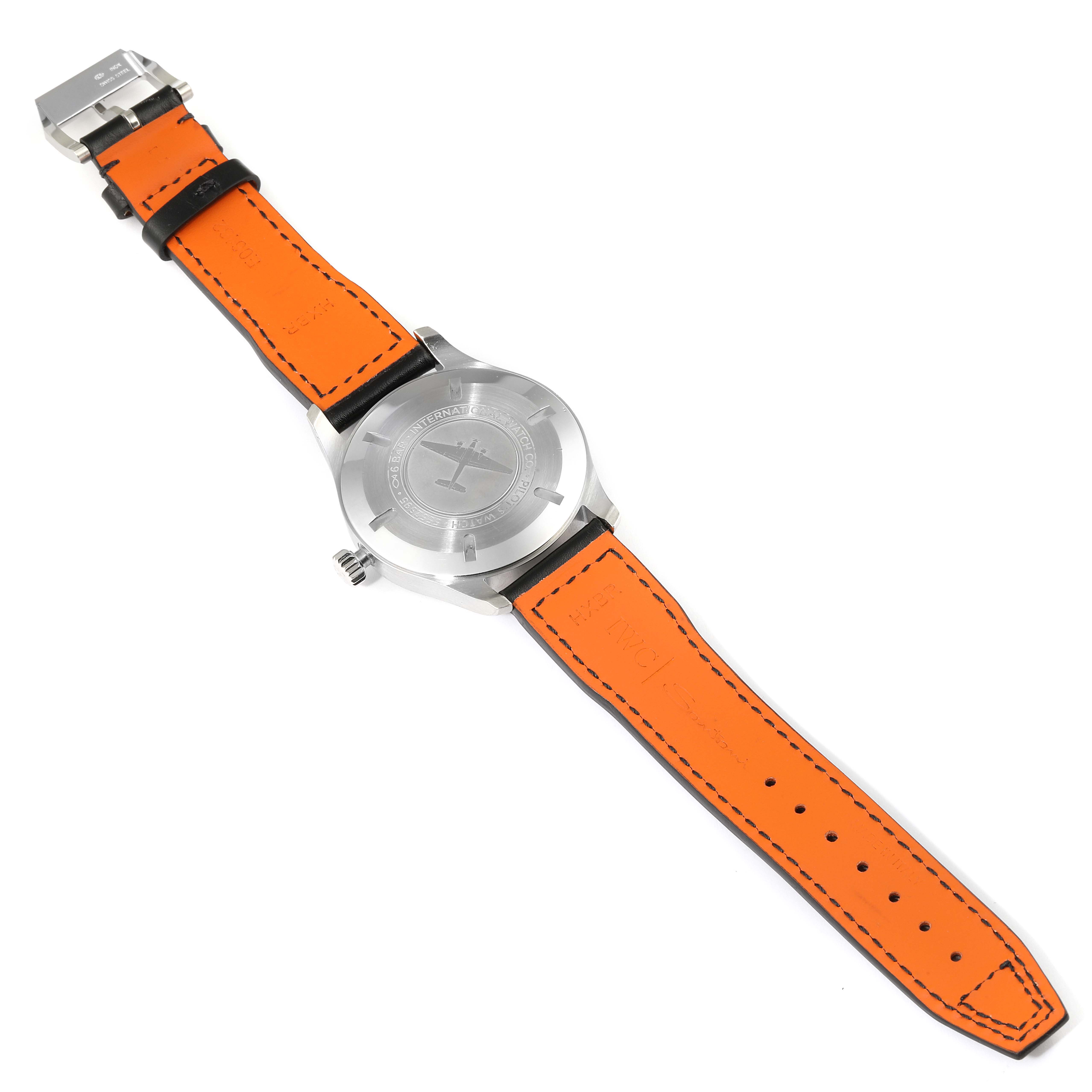 This is the rear view of an IWC Pilot IW327001 Men
s Stainless Steel Black Dial IW327001 Men
s Stainless Steel Black Dial model watch, showing the case back and bright orange straps.