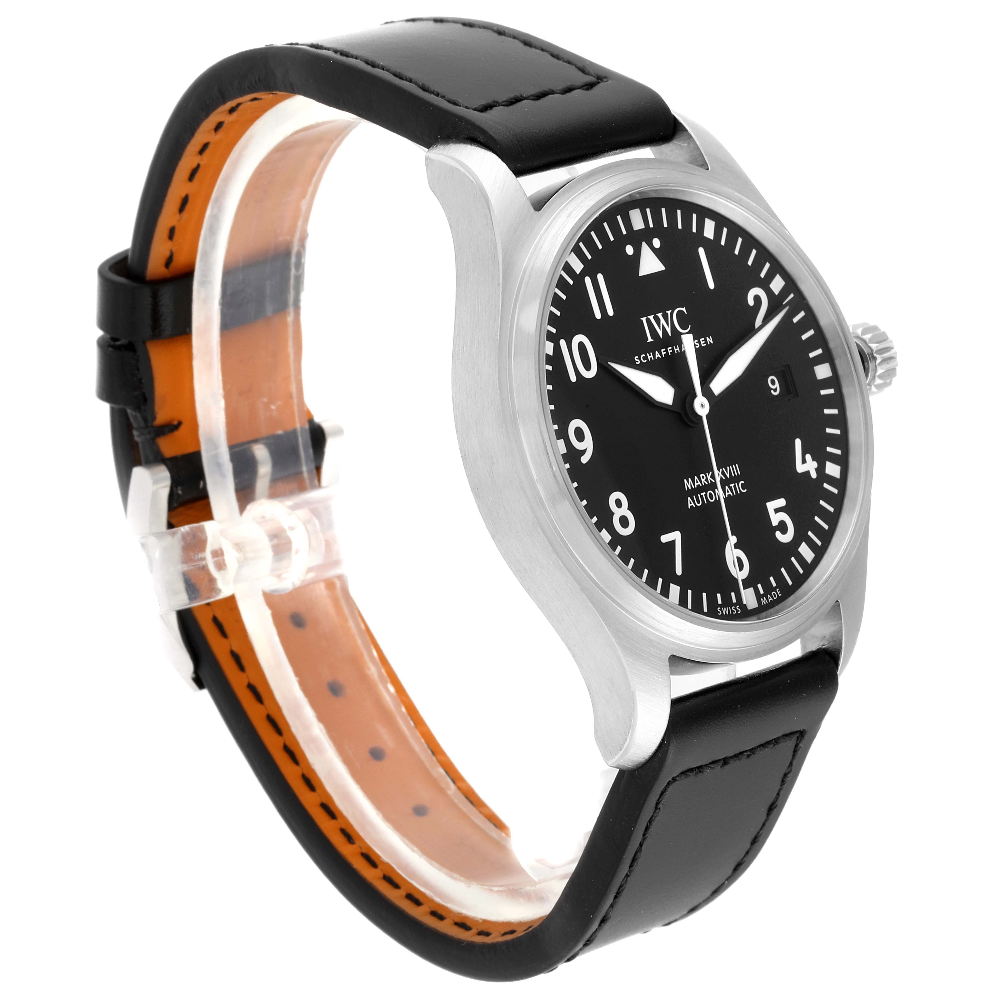 The IWC Pilot IW327001 Men
s Stainless Steel Black Dial IW327001 Men
s Stainless Steel Black Dial model watch is shown from a front angle with its face, bezel, crown, and leather strap visible.