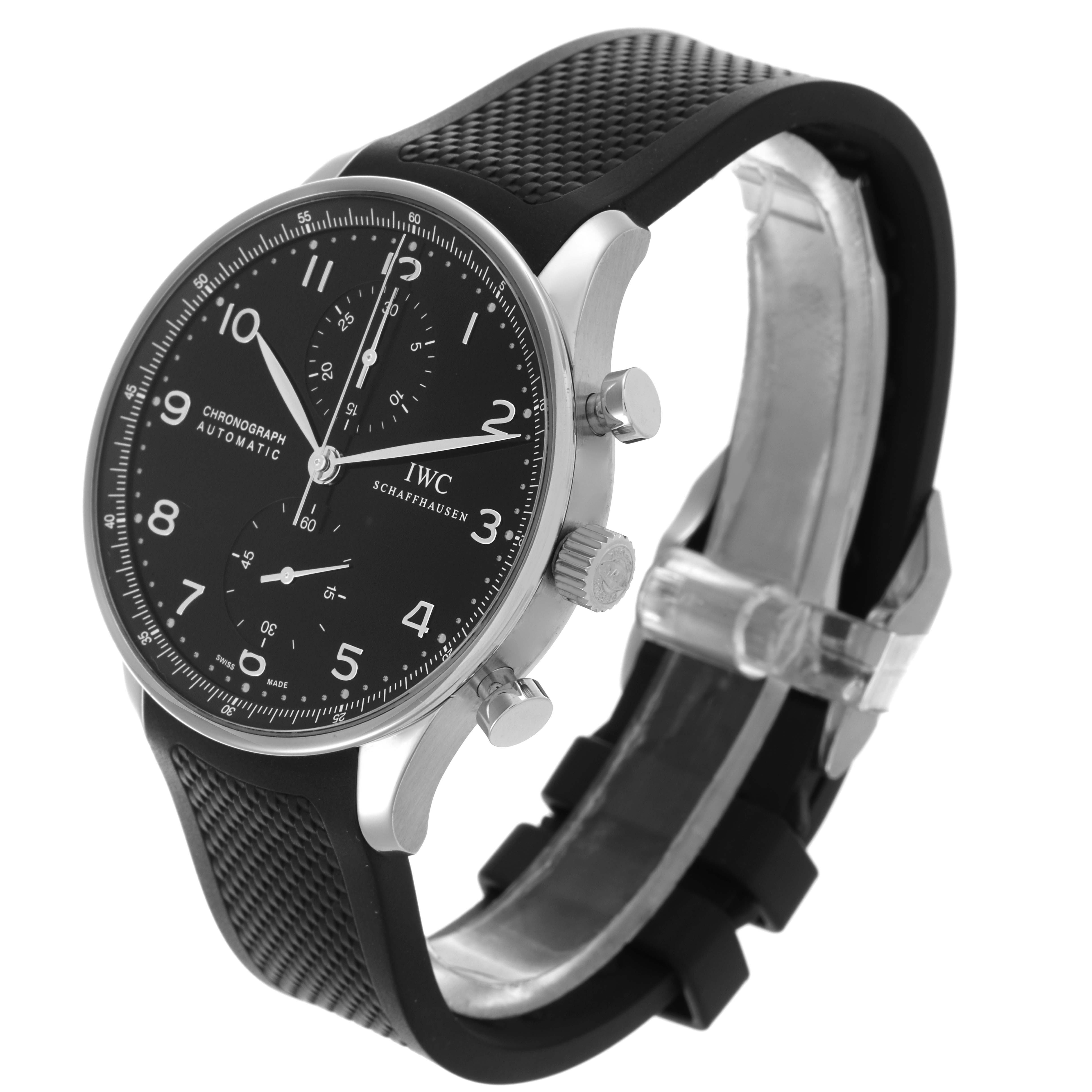 The IWC Portuguese IW371438 Men's Stainless Steel Black Dial IW371438 Men's Stainless Steel Black Dial model watch is shown at a three-quarter angle, displaying its face, crown, pushers, and strap clearly.